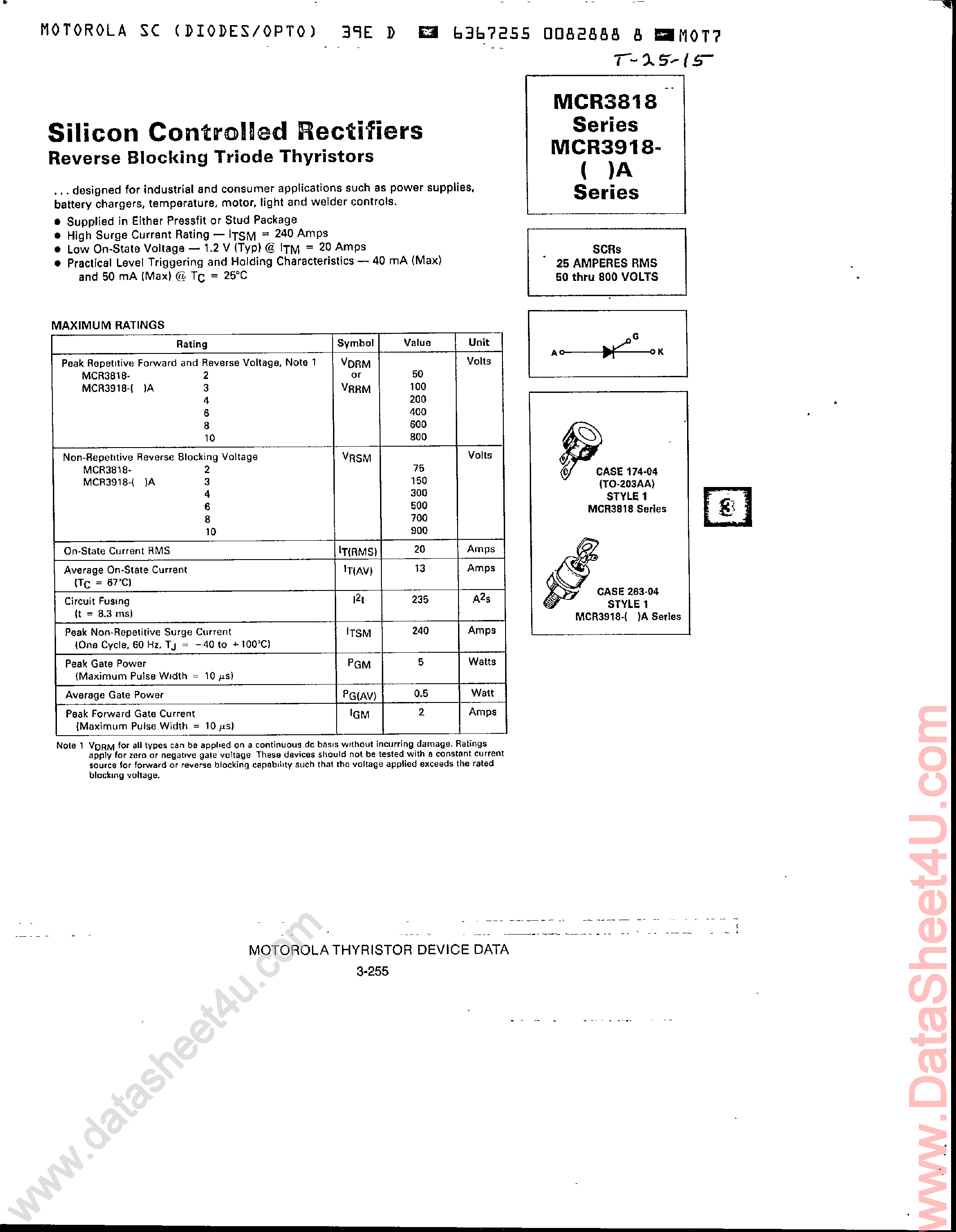 Datasheet MCR3818 page 1 Datasheet MCR3818 - Silicon Controlled Rectifiers page 1