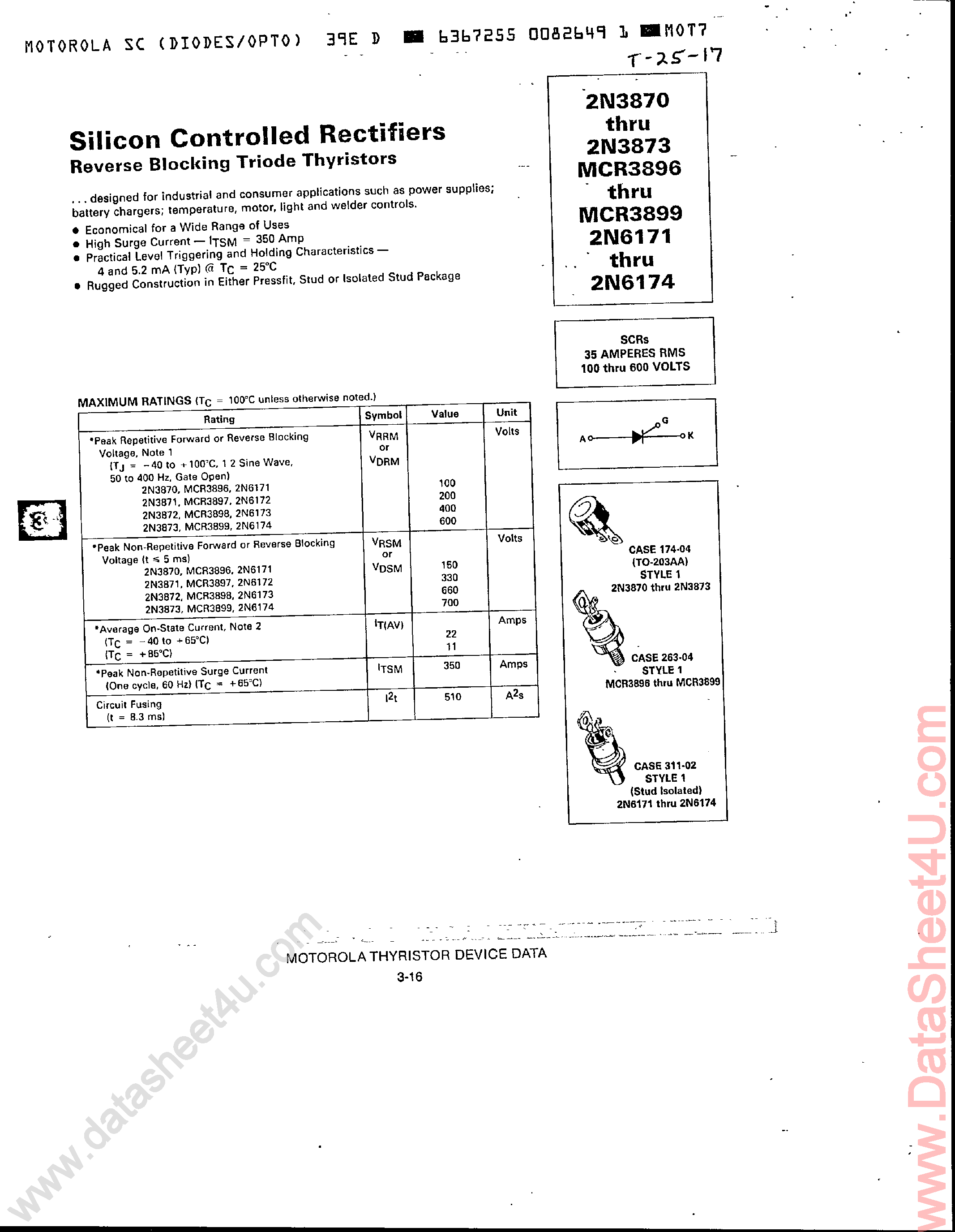 Datasheet MCR3896 - (MCR3896 - MCR3899) Silicon Controlled Rectifiers page 1