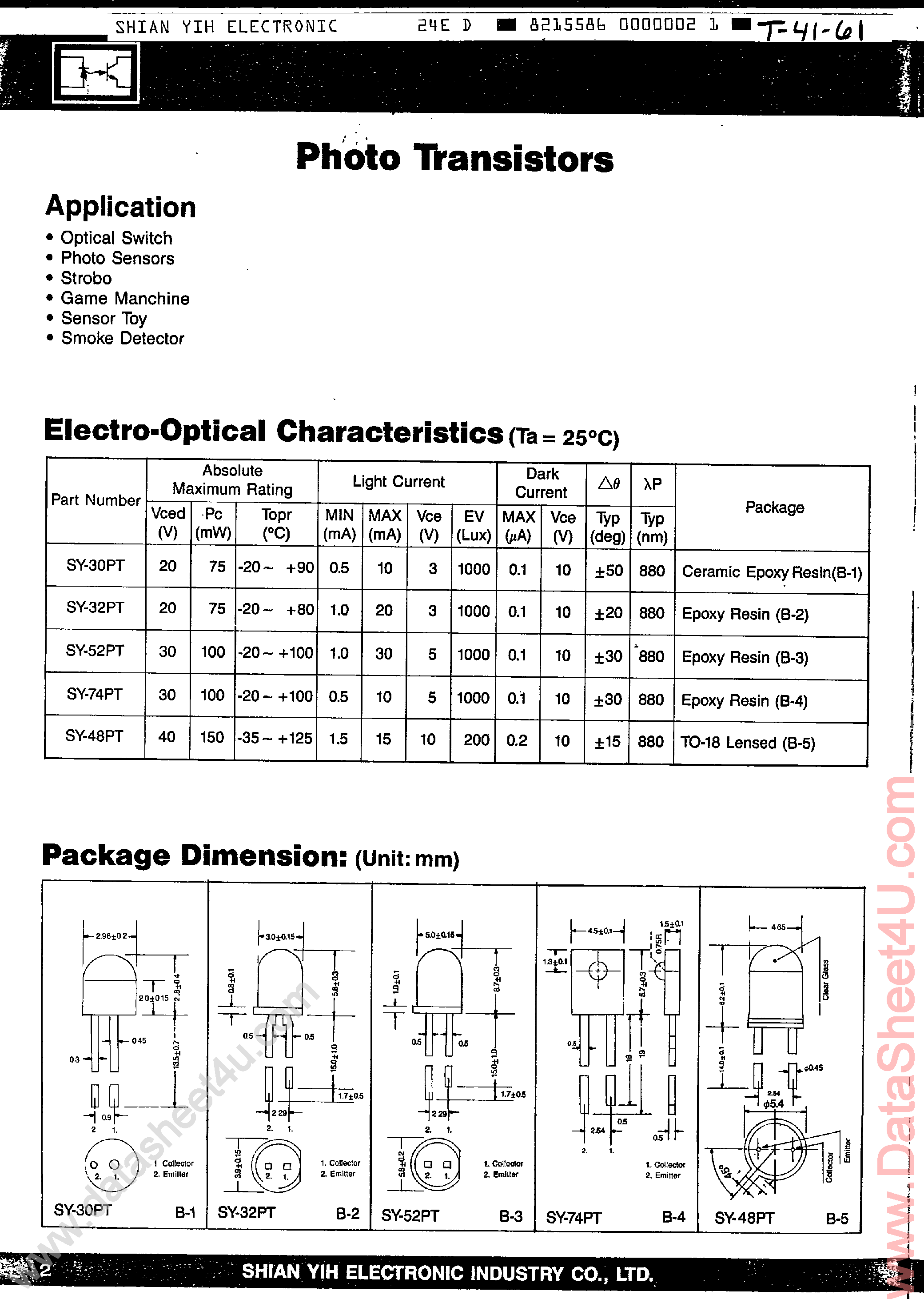 Datasheet SY48PT - Photo Transistors page 1