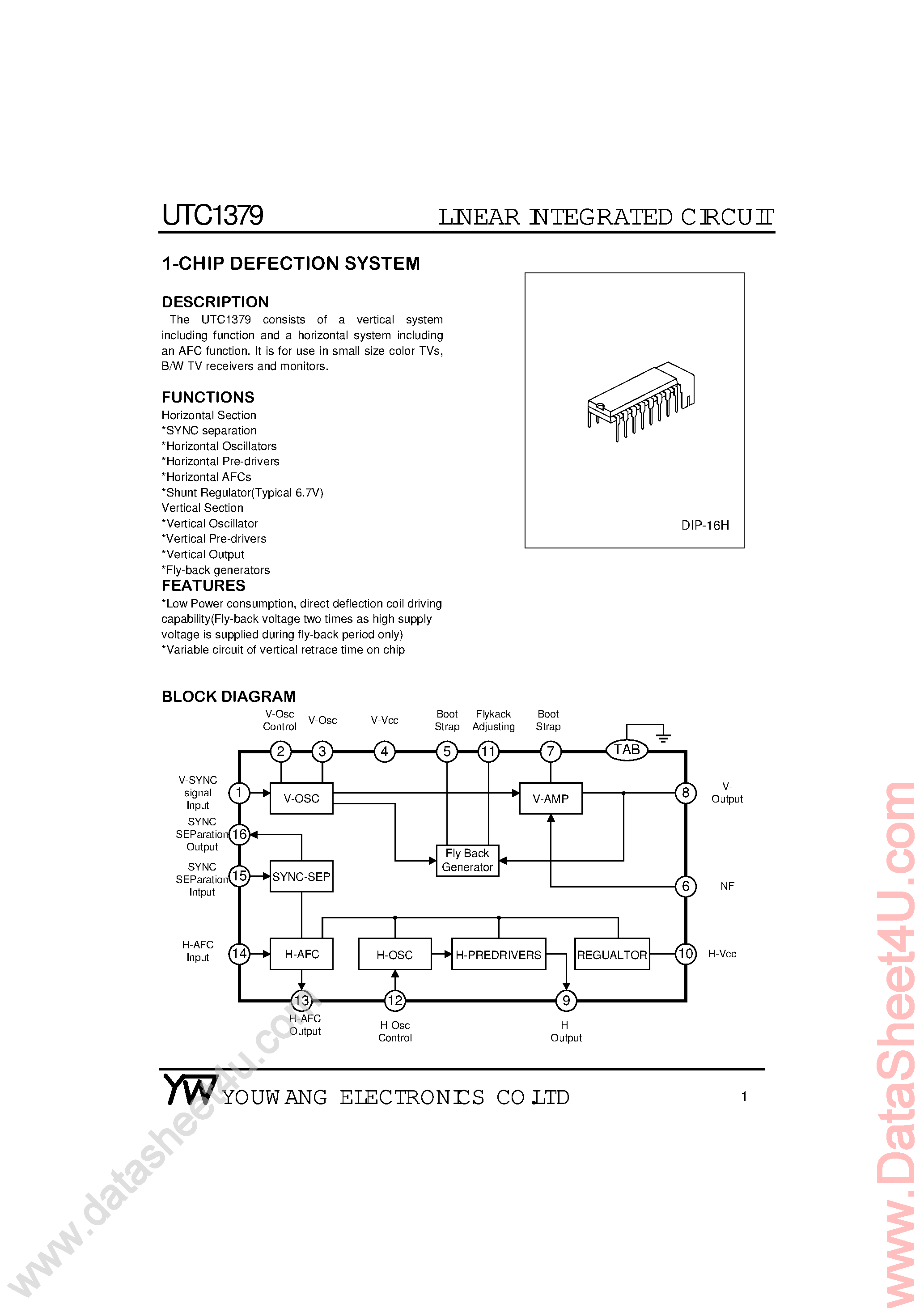 Datasheet UTC1379 - 1-Chip Deffection System page 1