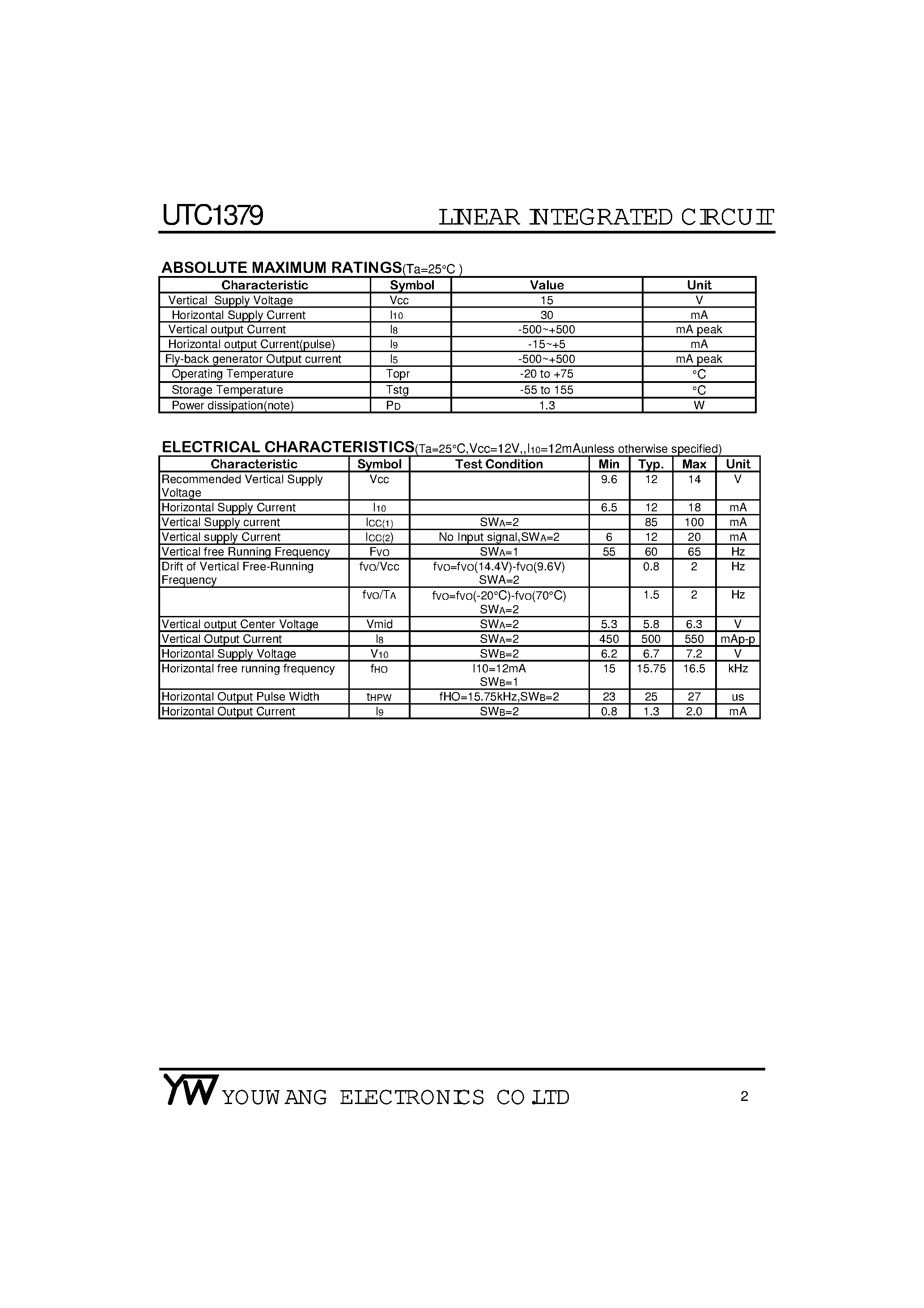 Datasheet UTC1379 - 1-Chip Deffection System page 2