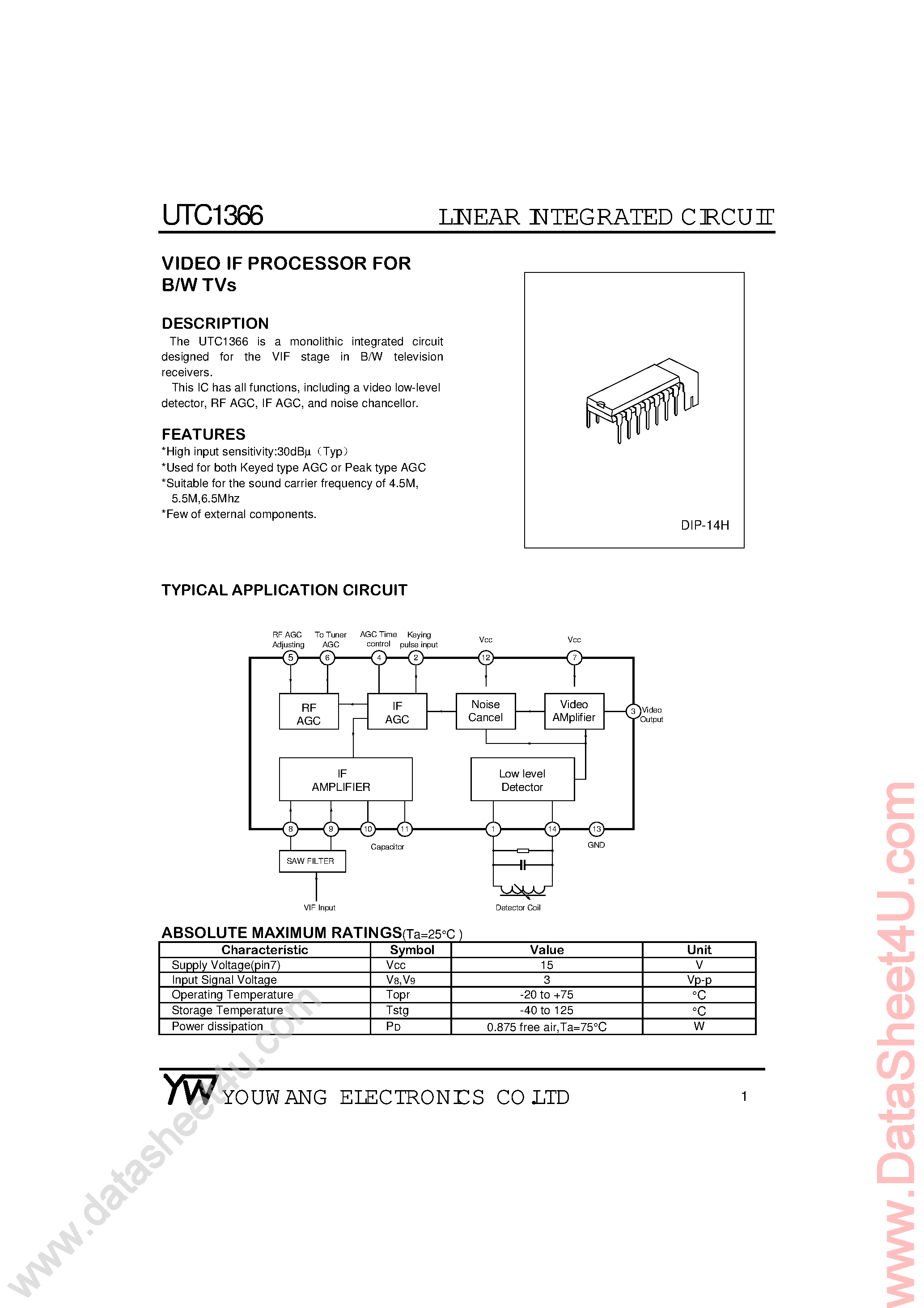Datasheet UTC1366 page 1 Datasheet UTC1366 - Video IF Processor for B/W TVs page 1