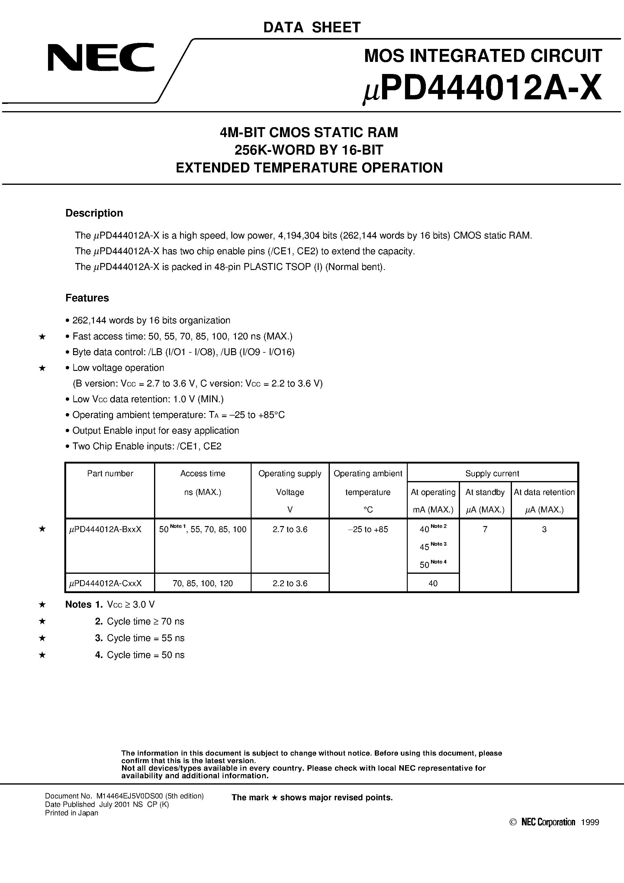 Datasheet UPD444012A-X page 1 Datasheet UPD444012A-X - 4M-BIT CMOS STATIC RAM 256K-WORD BY 16-BIT EXTENDED TEMPERATURE OPERATION page 1