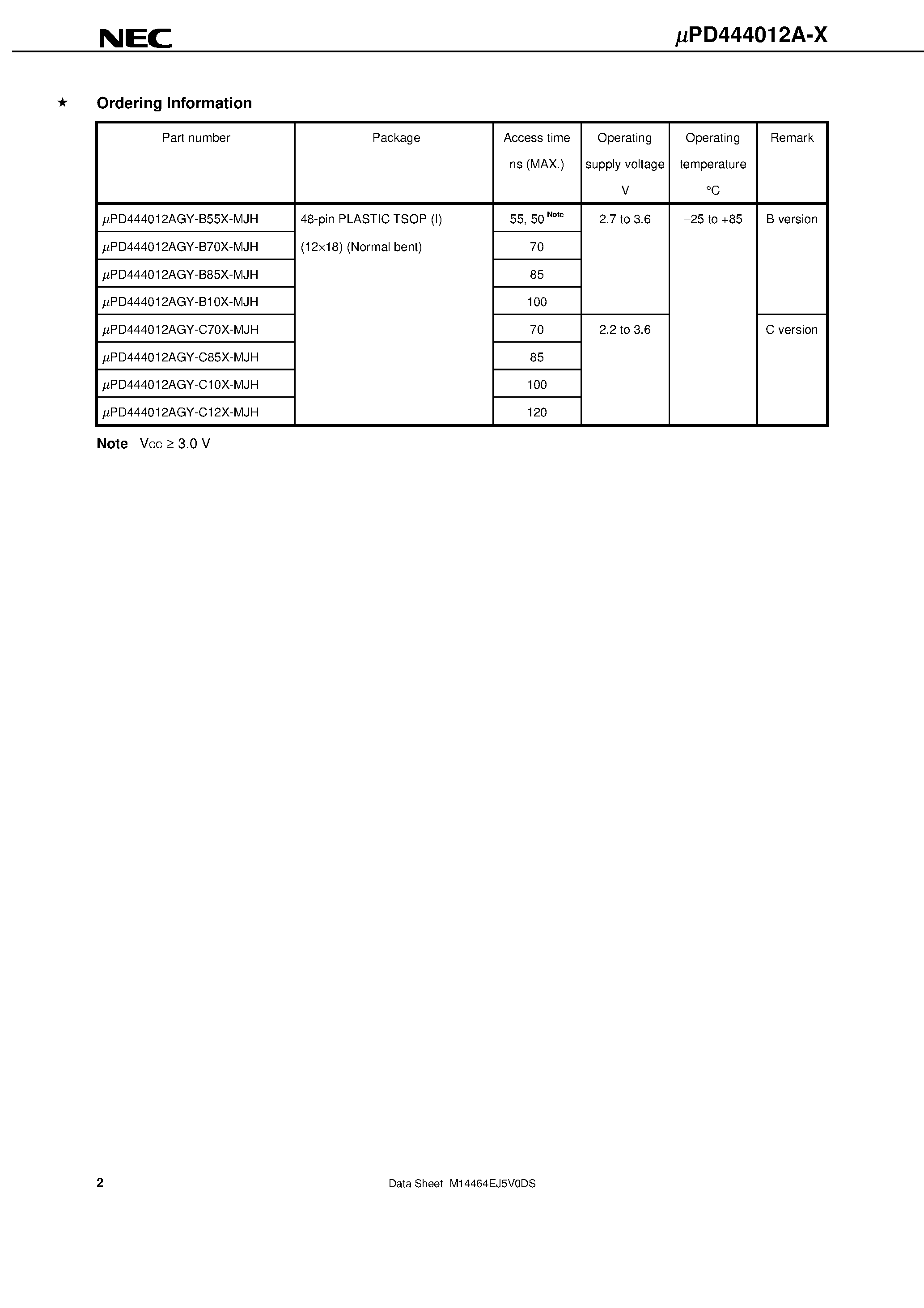 Datasheet UPD444012A-X page 2 Datasheet UPD444012A-X - 4M-BIT CMOS STATIC RAM 256K-WORD BY 16-BIT EXTENDED TEMPERATURE OPERATION page 2