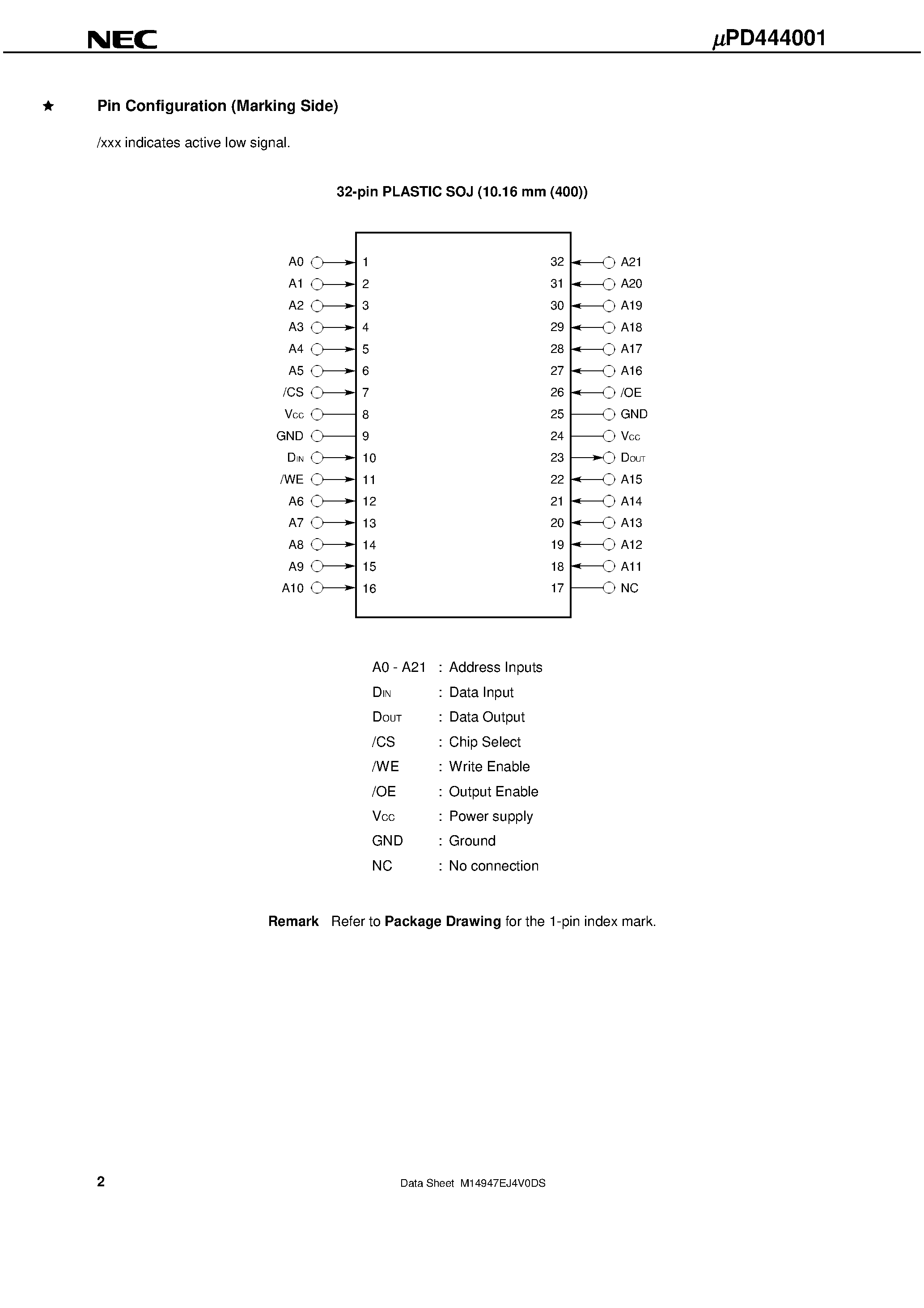 Datasheet UPD444001 - 4M-BIT CMOS FAST SRAM 4M-WORD BY 1-BIT page 2