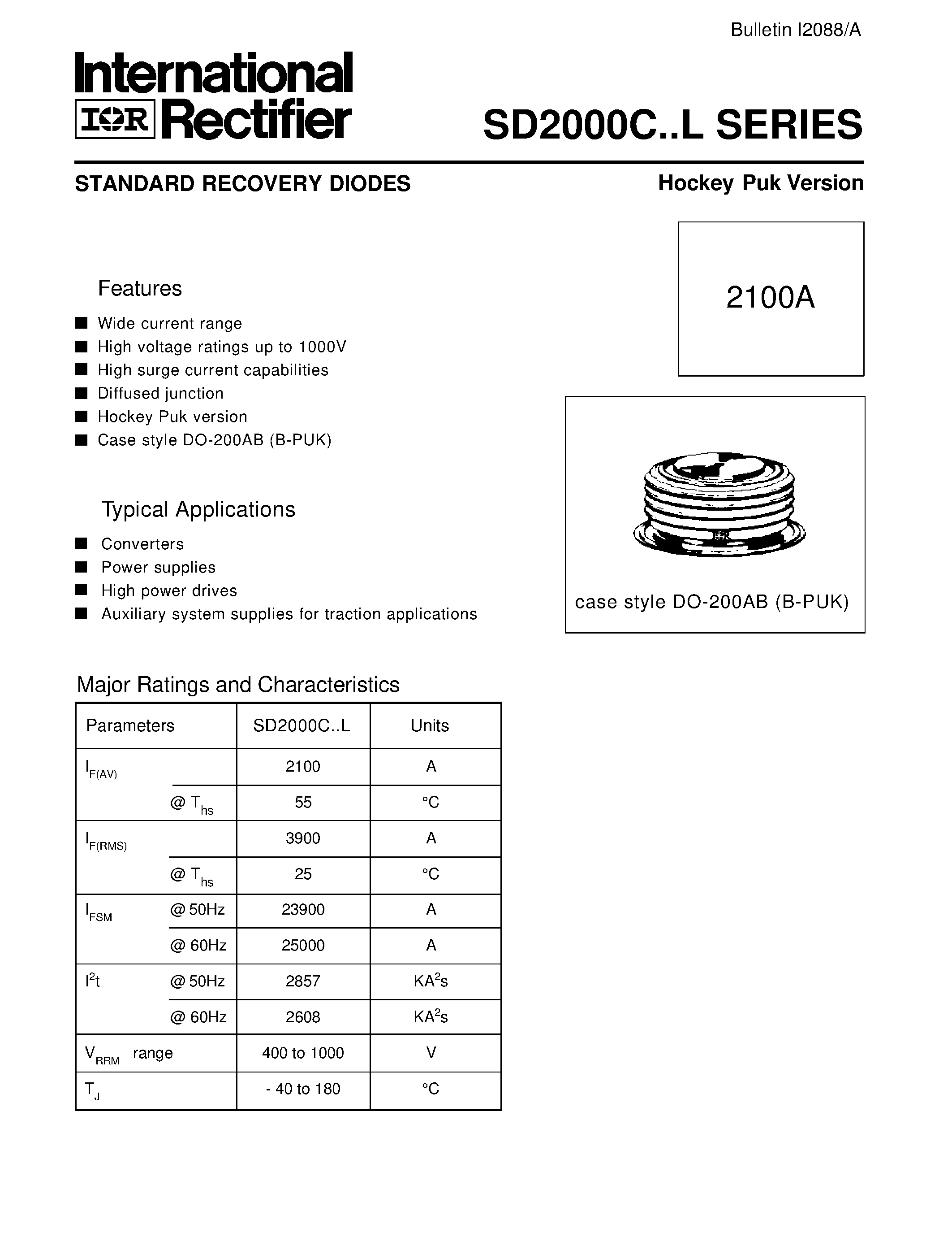 Datasheet SD2000C page 1 Datasheet SD2000C - STANDARD RECOVERY DIODES Hockey Puk Version page 1