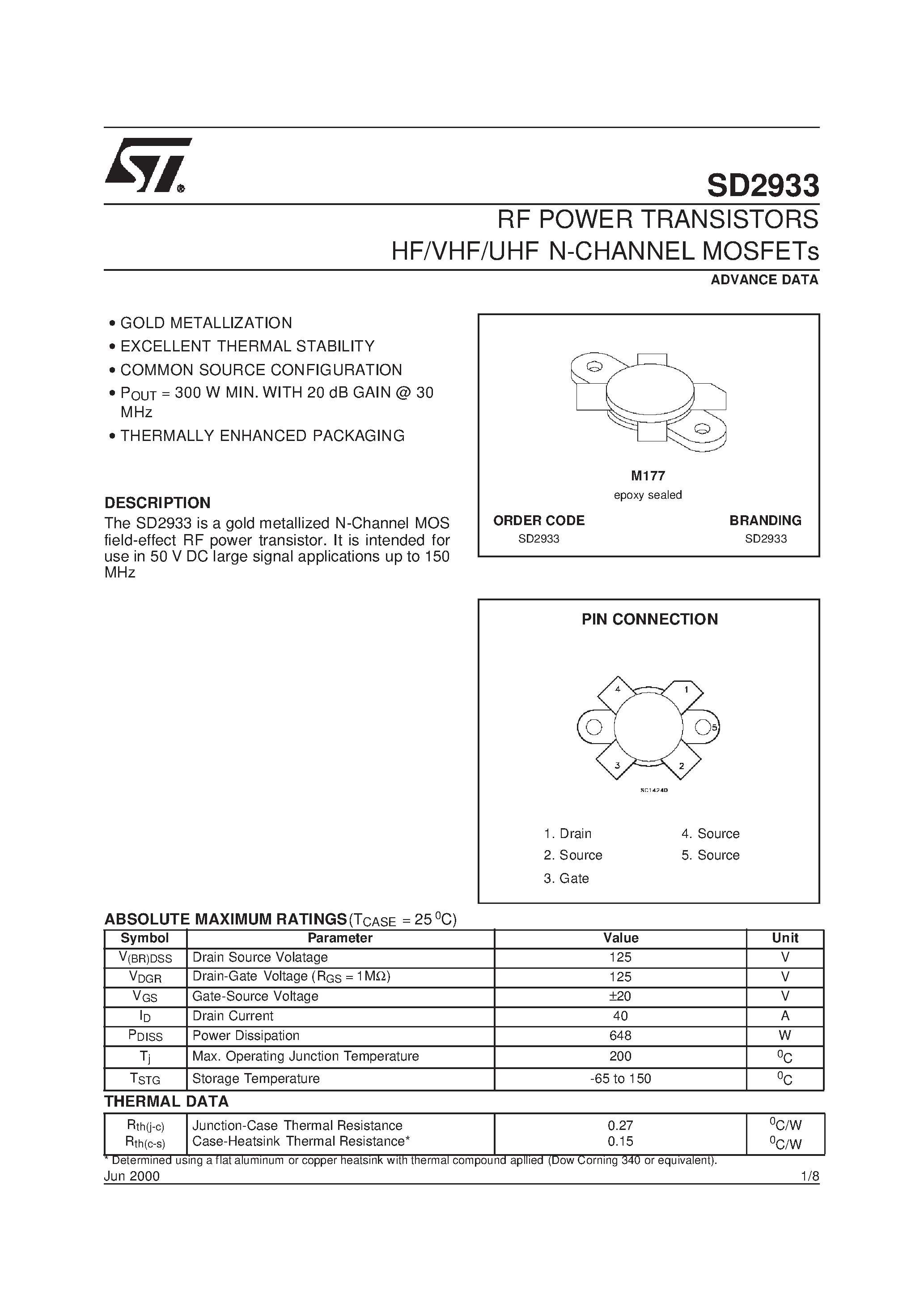 Даташит SD2933 - RF POWER TRANSISTORS HF/VHF/UHF N-CHANNEL MOSFETs страница 1