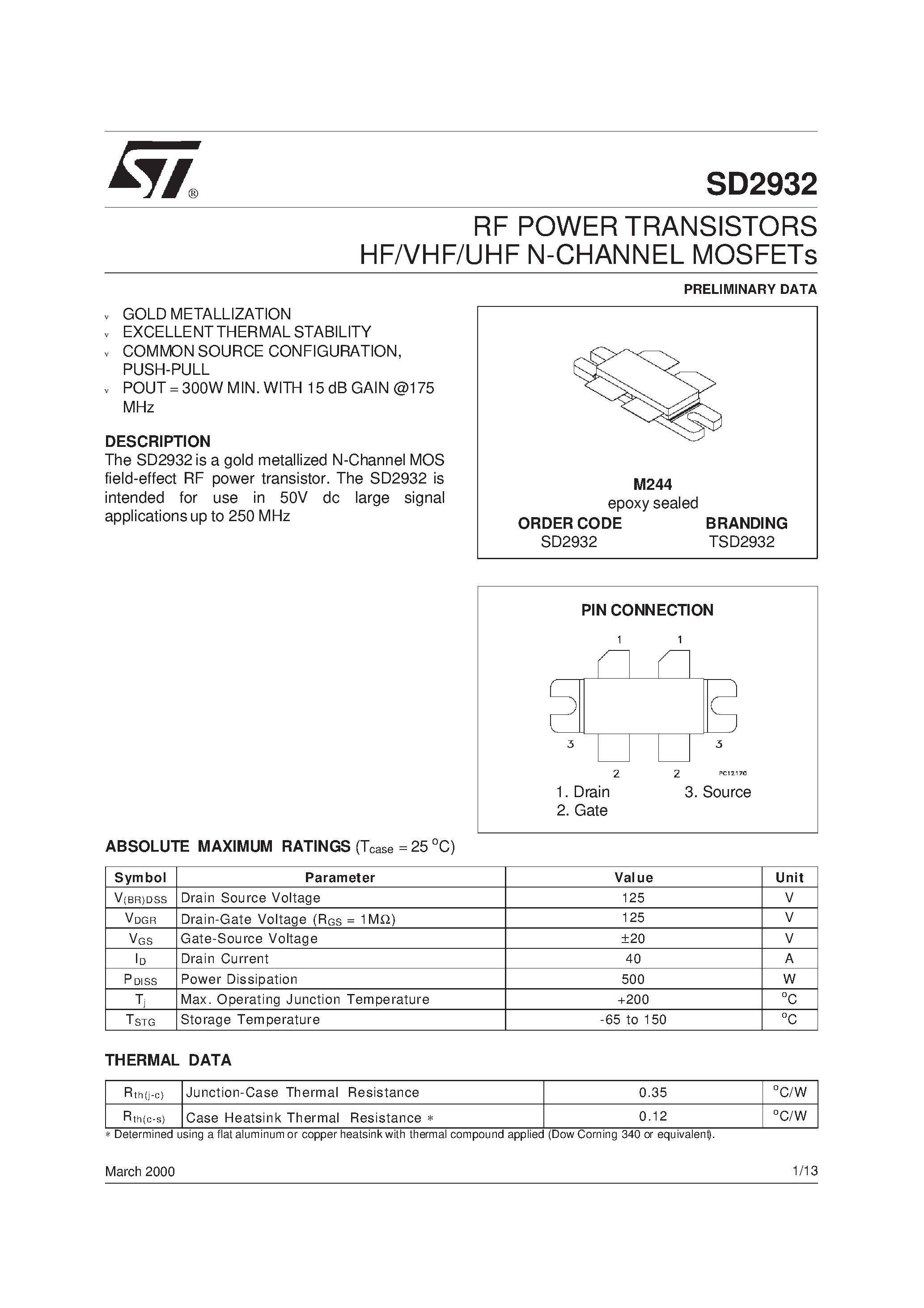 Datasheet SD2932 - RF POWER TRANSISTORS HF/VHF/UHF N-CHANNEL MOSFETs page 1