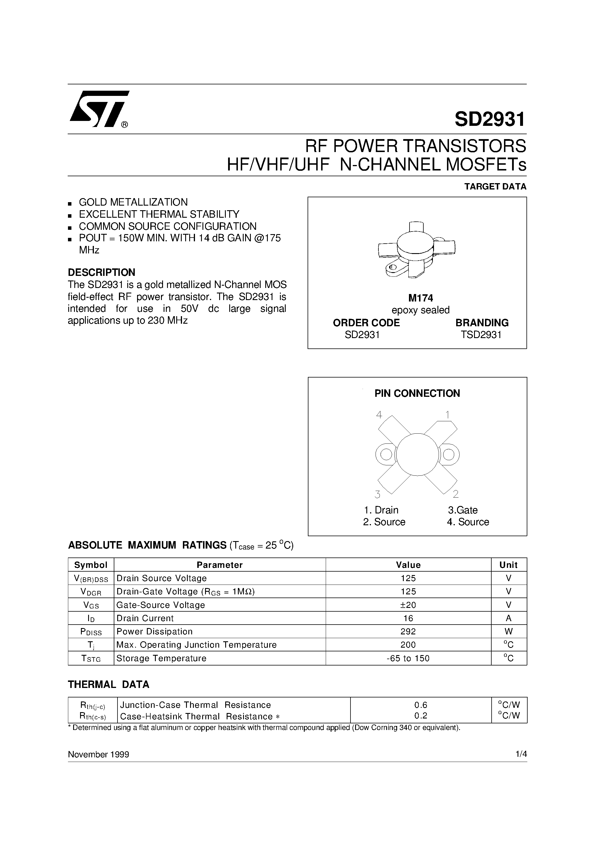 Даташит SD2931 - RF POWER TRANSISTORS HF/VHF/UHF N-CHANNEL MOSFETs страница 1