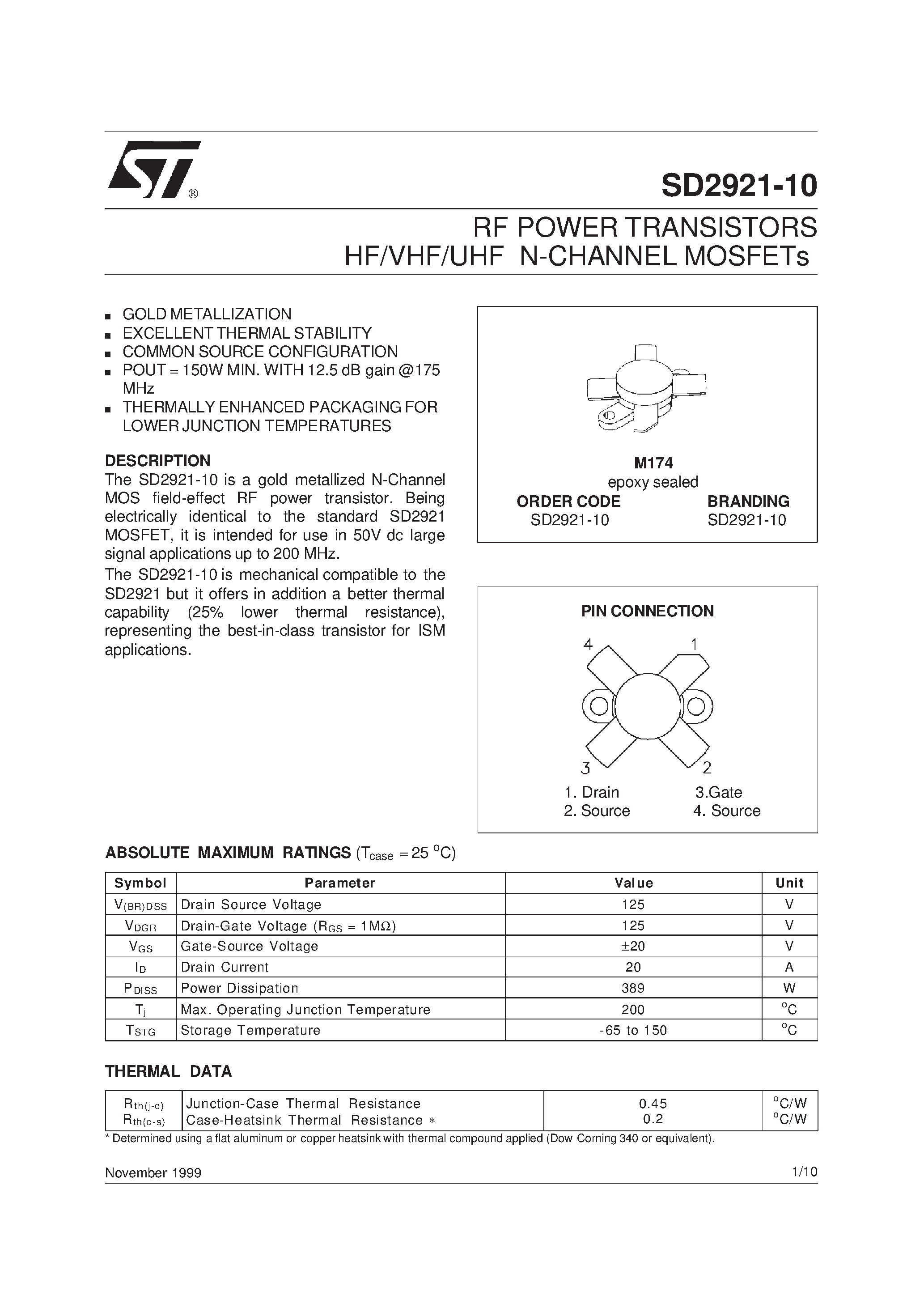 Datasheet SD2921-10 - RF POWER TRANSISTORS HF/VHF/UHF N-CHANNEL MOSFETs page 1