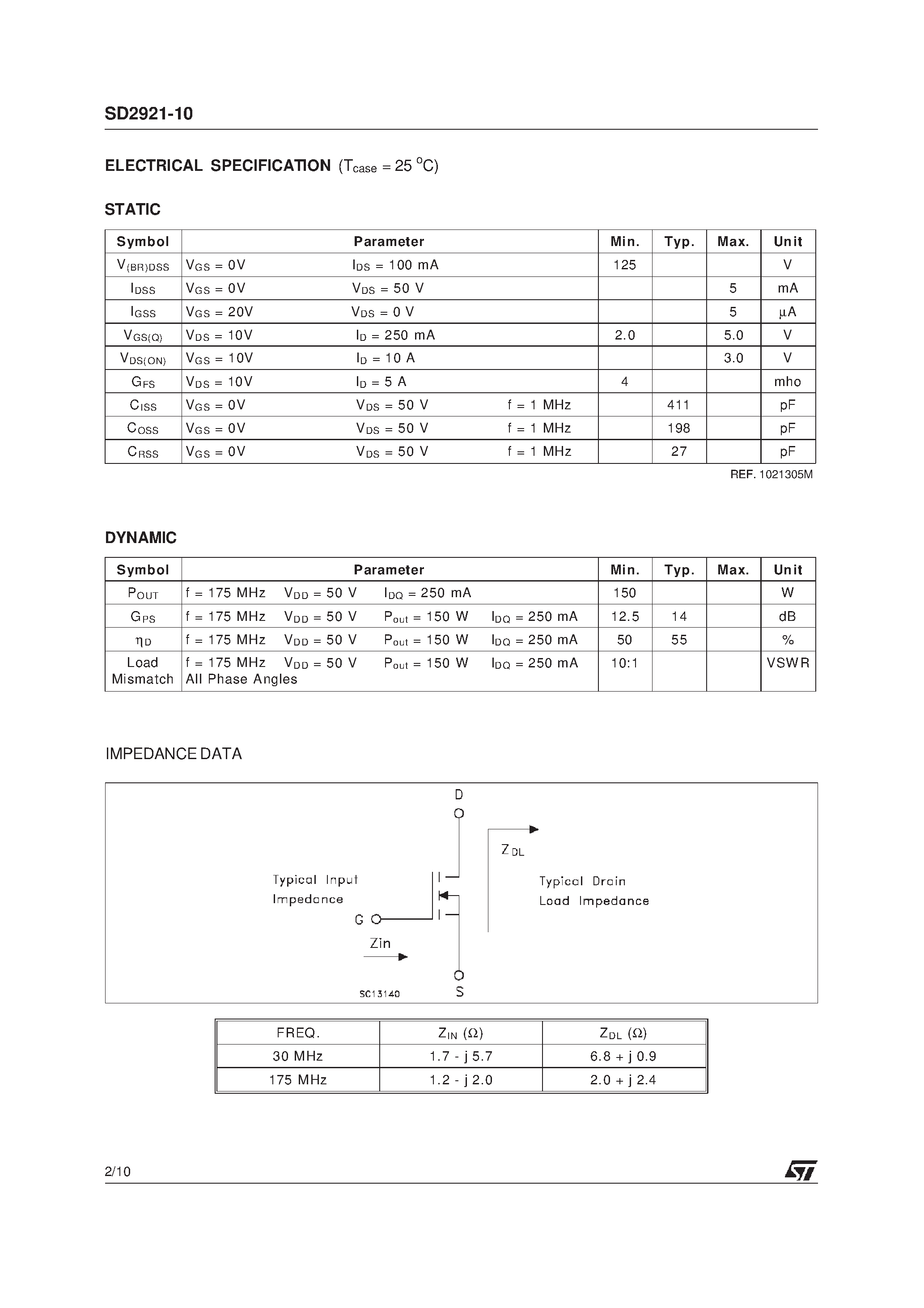 Datasheet SD2921-10 - RF POWER TRANSISTORS HF/VHF/UHF N-CHANNEL MOSFETs page 2
