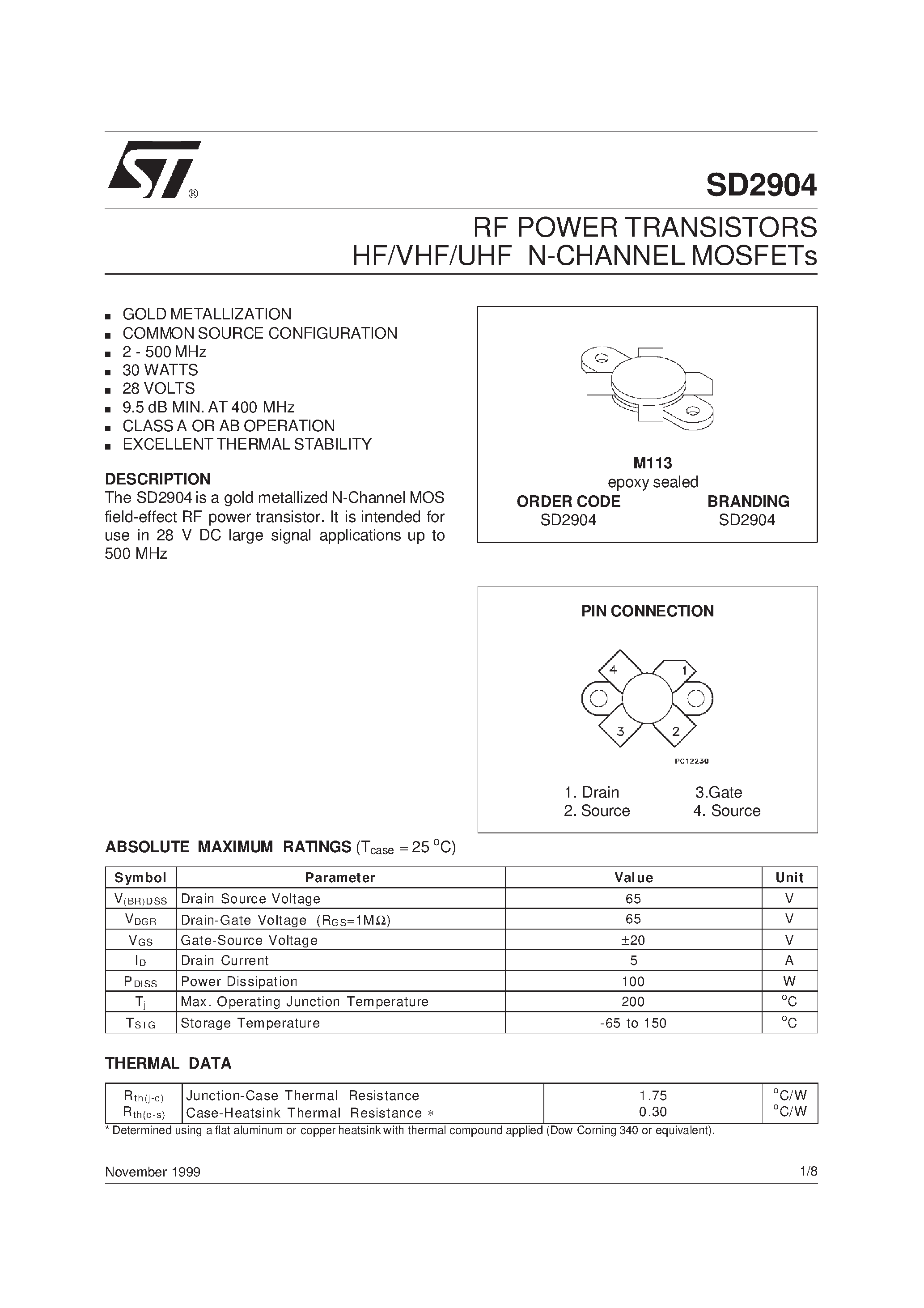 Datasheet SD2904 - RF POWER TRANSISTORS HF/VHF/UHF N-CHANNEL MOSFETs page 1