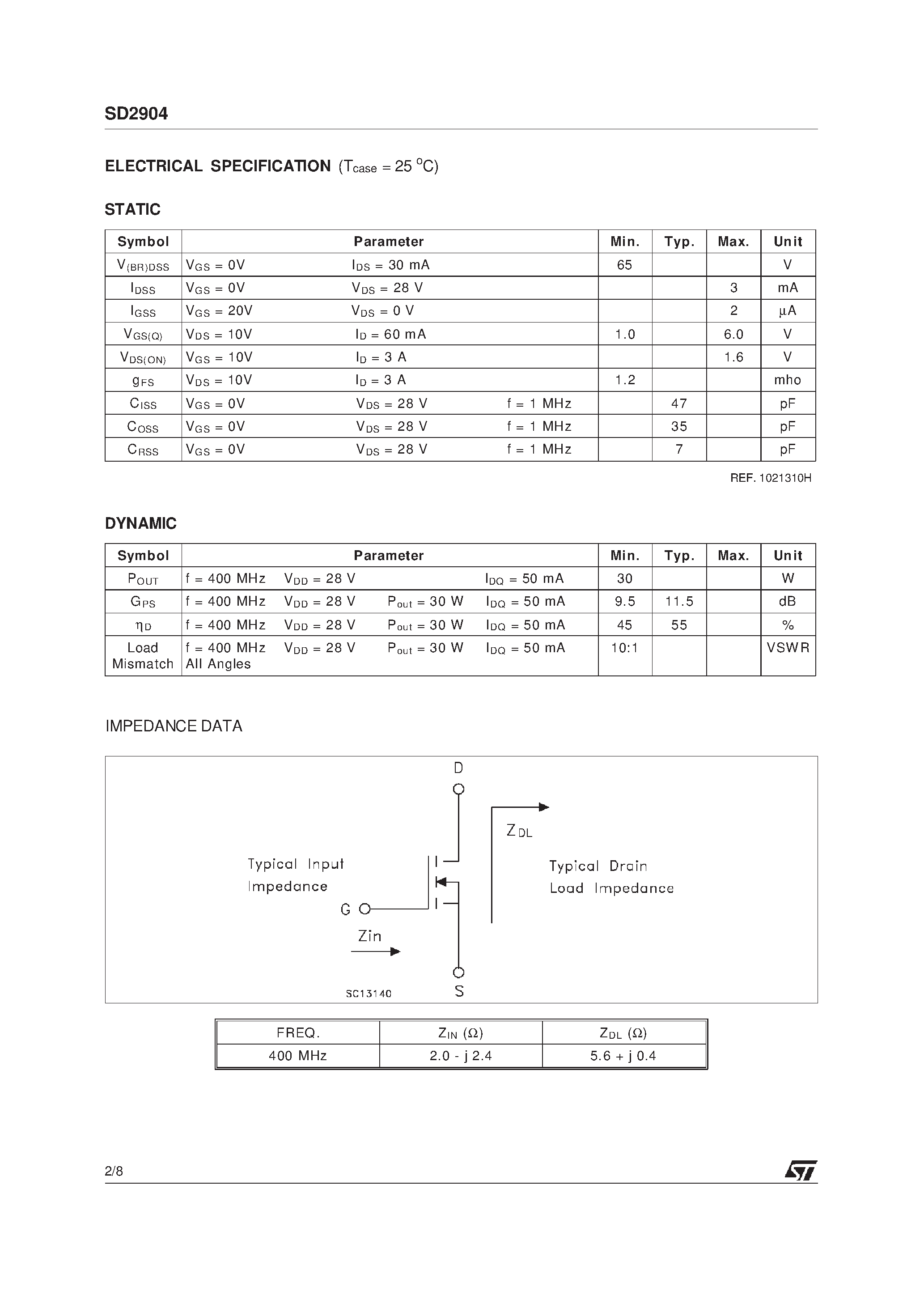 Datasheet SD2904 - RF POWER TRANSISTORS HF/VHF/UHF N-CHANNEL MOSFETs page 2