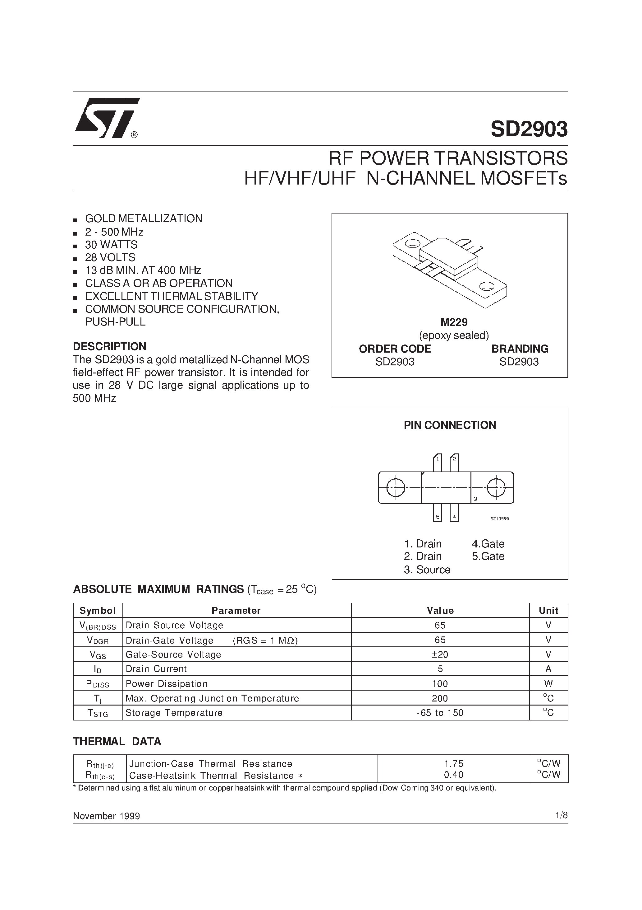 Даташит на микросхему SD2903 страница 1 Даташит SD2903 - RF POWER TRANSISTORS HF/VHF/UHF N-CHANNEL MOSFETs страница 1