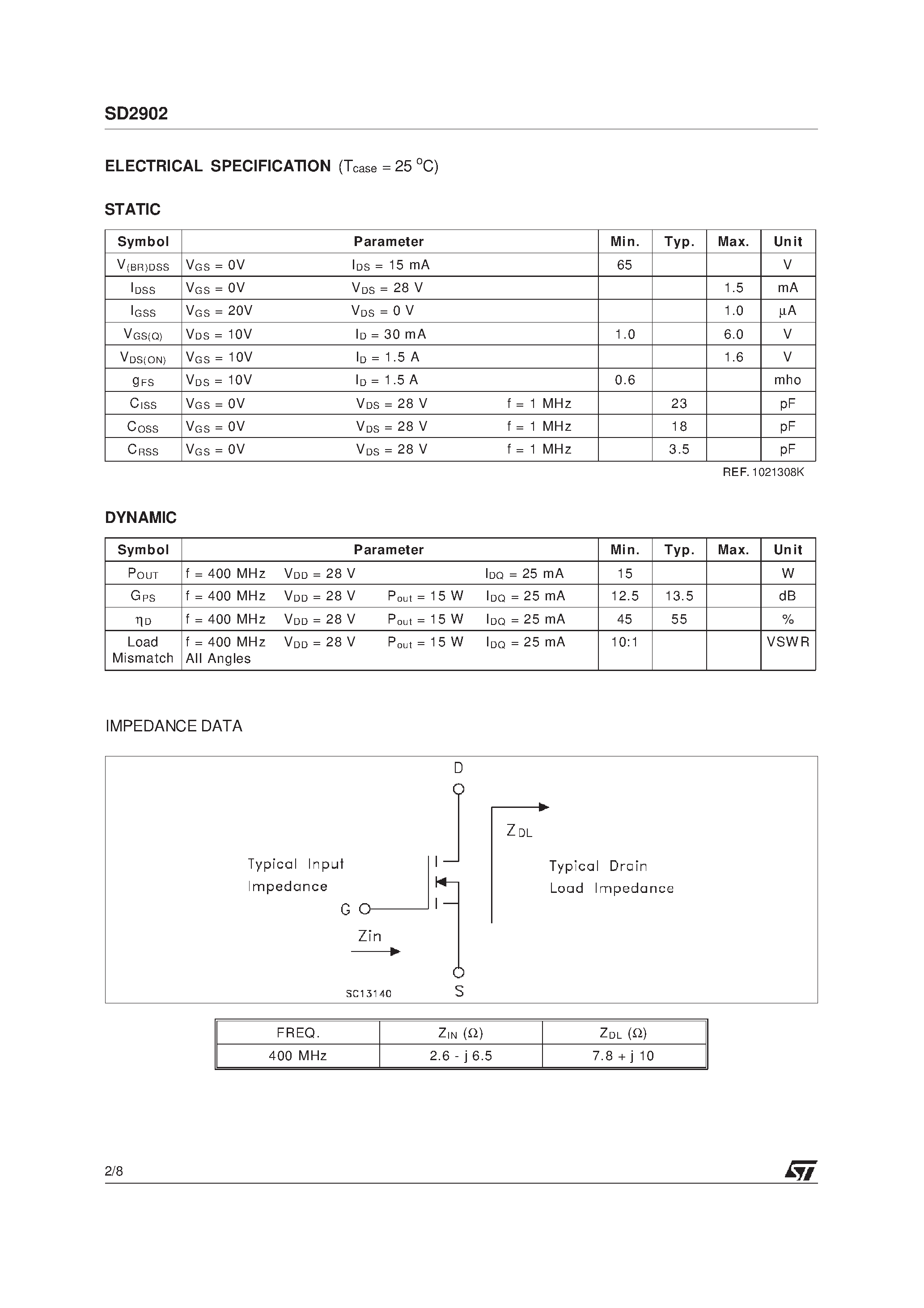 Datasheet SD2902 - RF POWER TRANSISTORS HF/VHF/UHF N-CHANNEL MOSFETs page 2