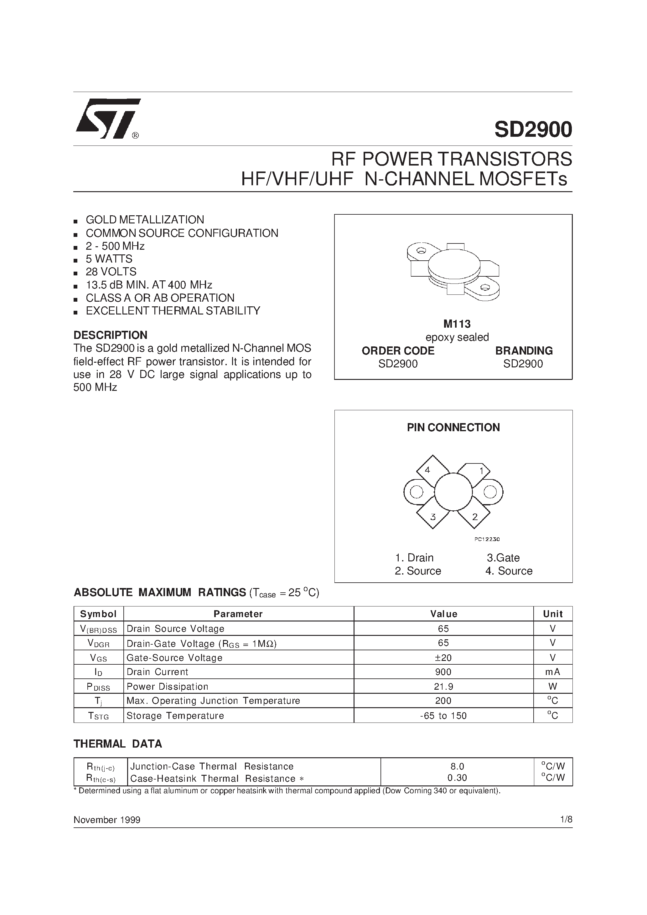 Datasheet SD2900 - RF POWER TRANSISTORS HF/VHF/UHF N-CHANNEL MOSFETs page 1