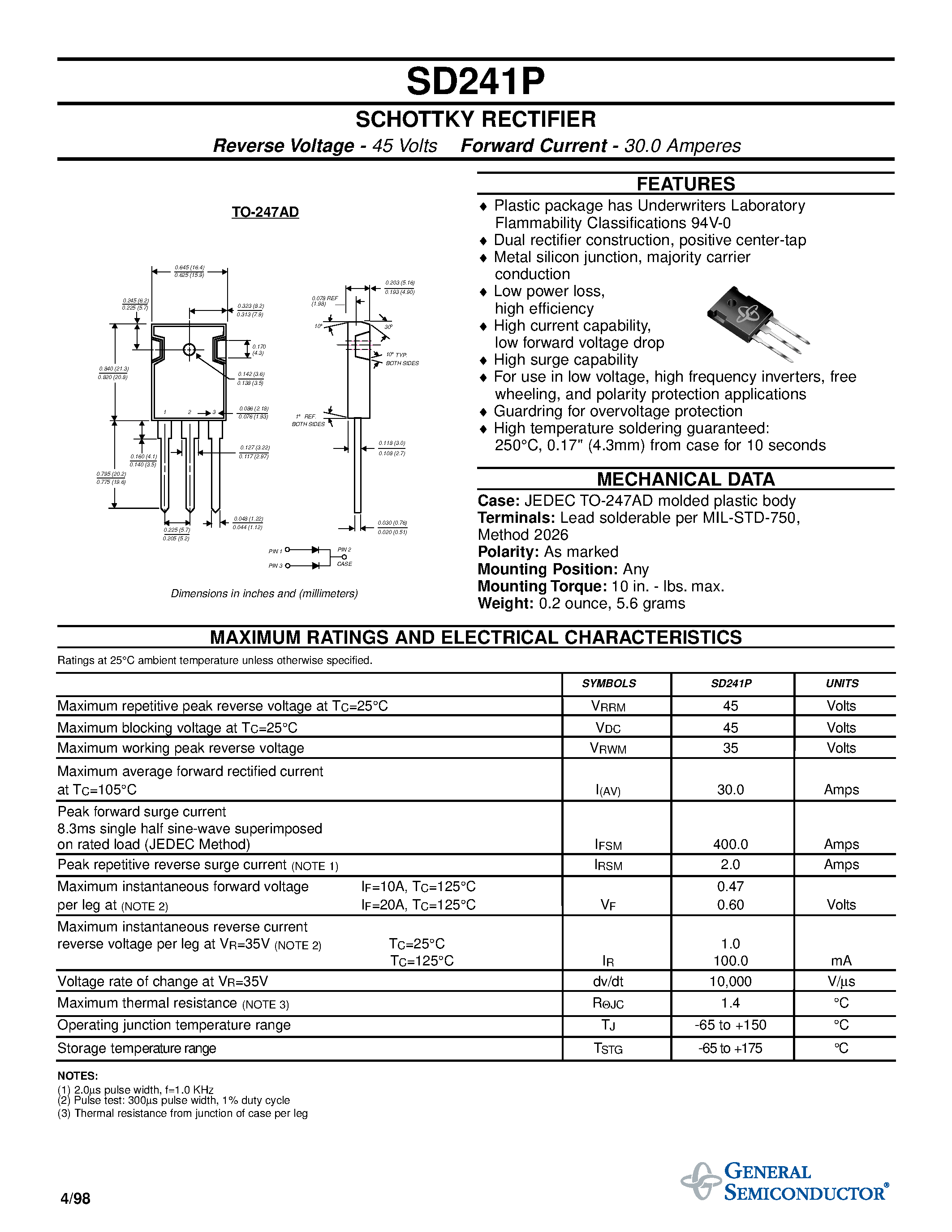Datasheet SD241P page 1 Datasheet SD241P - SCHOTTKY RECTIFIER page 1