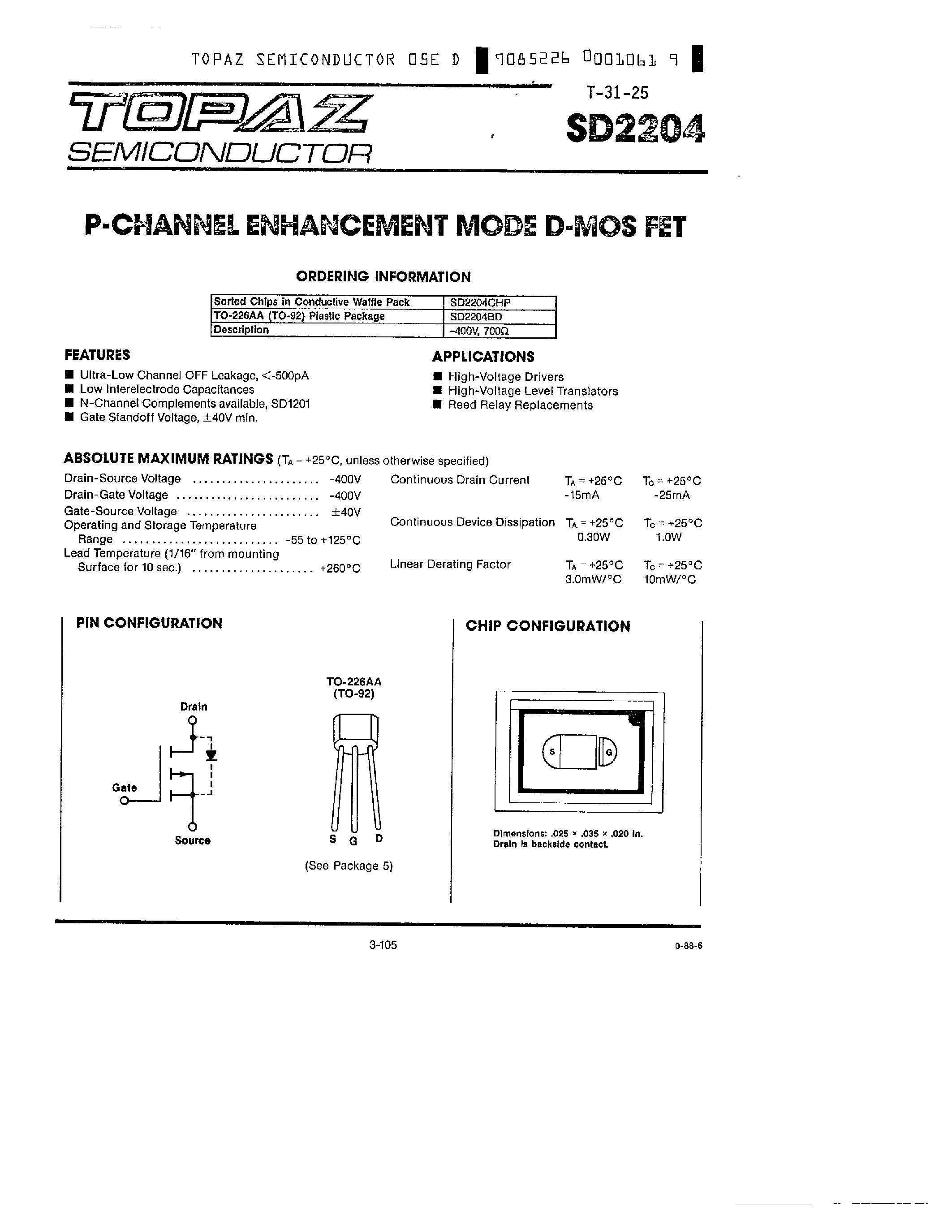 Даташит SD2204 - P-CHANNEL ENHANCEMENT MODE D MOS FET страница 1