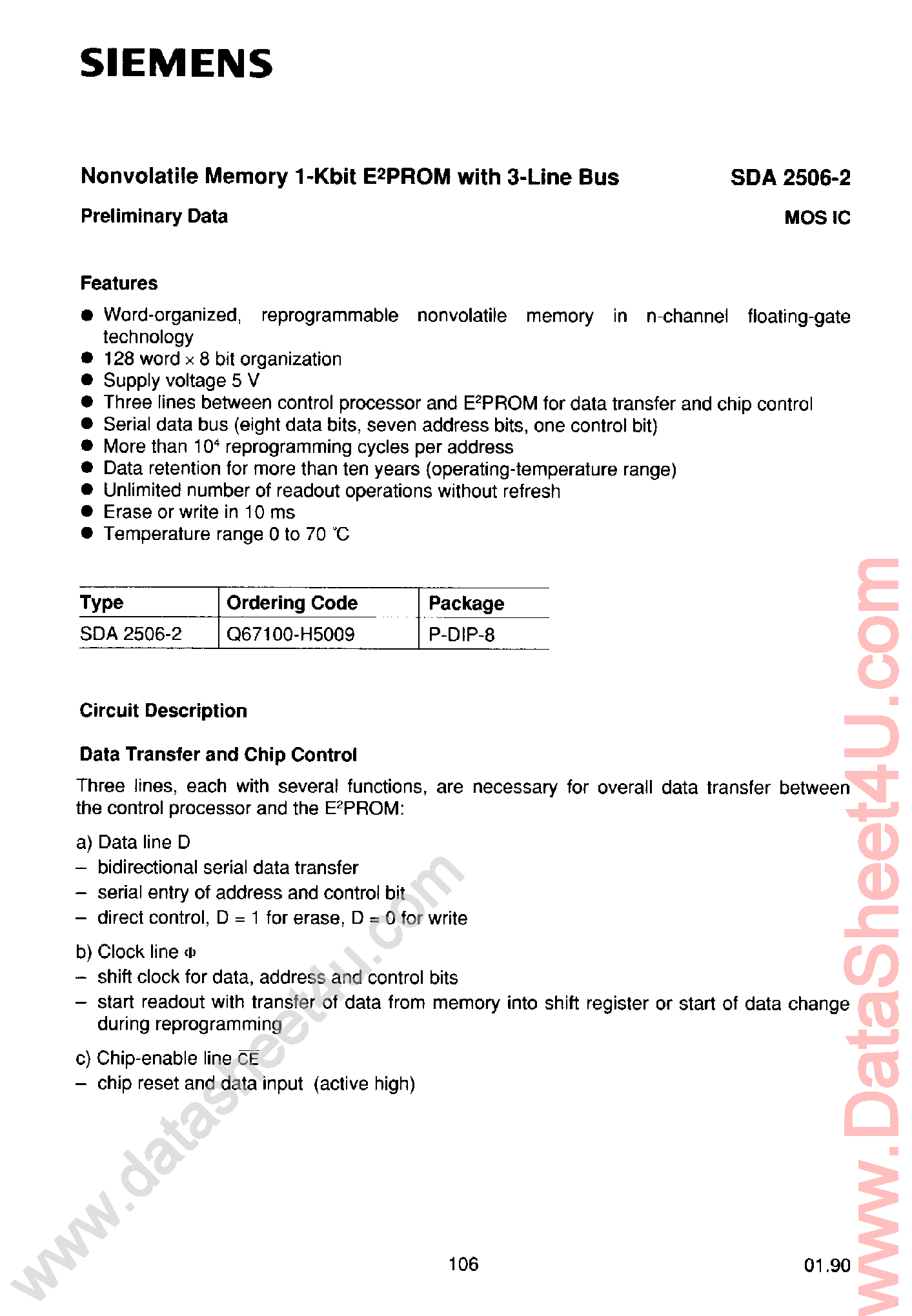 Datasheet SDA2506-2 - Nonvolatile Memory 1K-Bit EPROM page 1