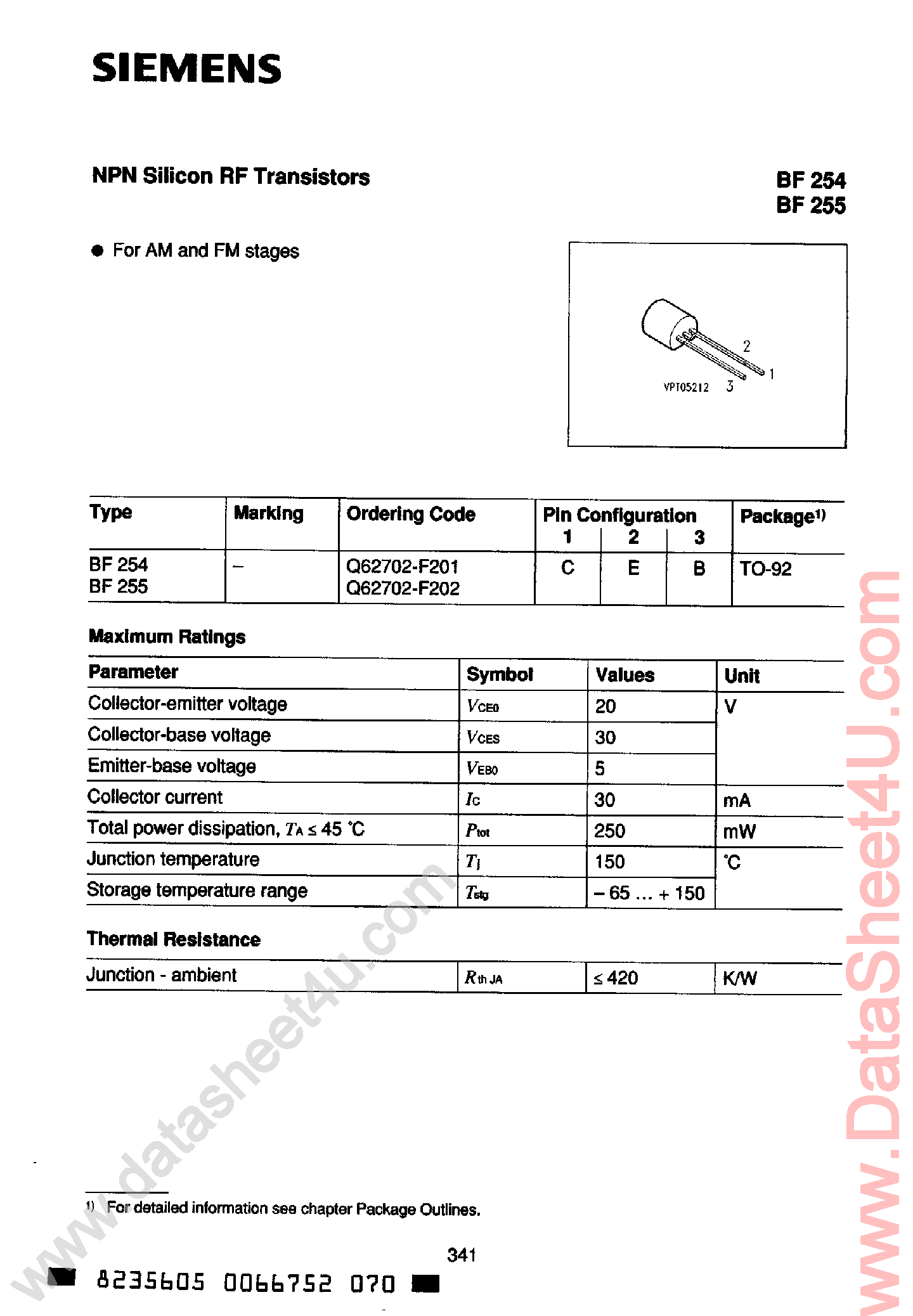 Даташит на микросхему BF254 страница 1 Даташит BF254 - (BF254 / BF255) NPN Silicon RF Transistors страница 1