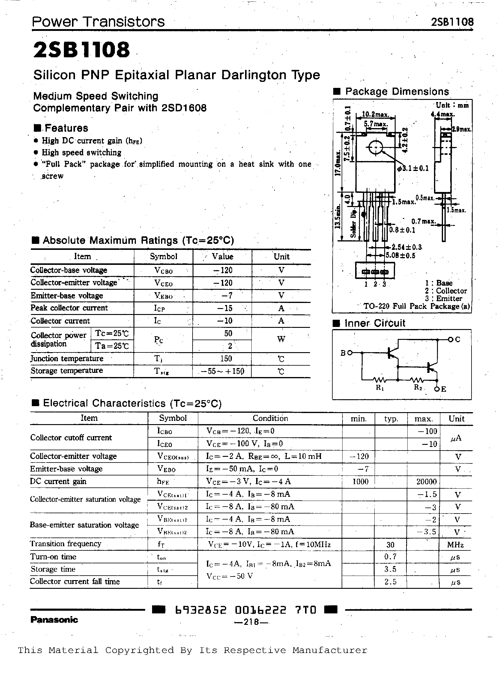 Даташит на микросхему 2SB1108 страница 1 Даташит 2SB1108 - Medium Speed Switching Complementary Pair страница 1