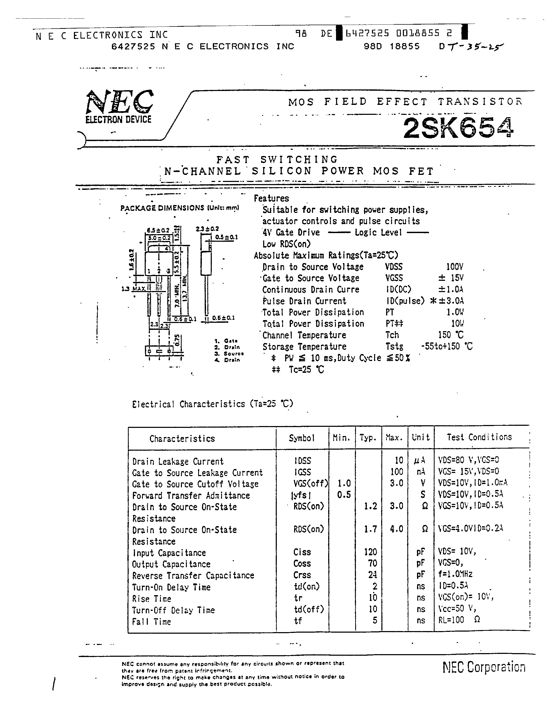 Datasheet 2SK654 - FAST SWITCHING N-CHANNEL SILICON POWER MOSFET page 1