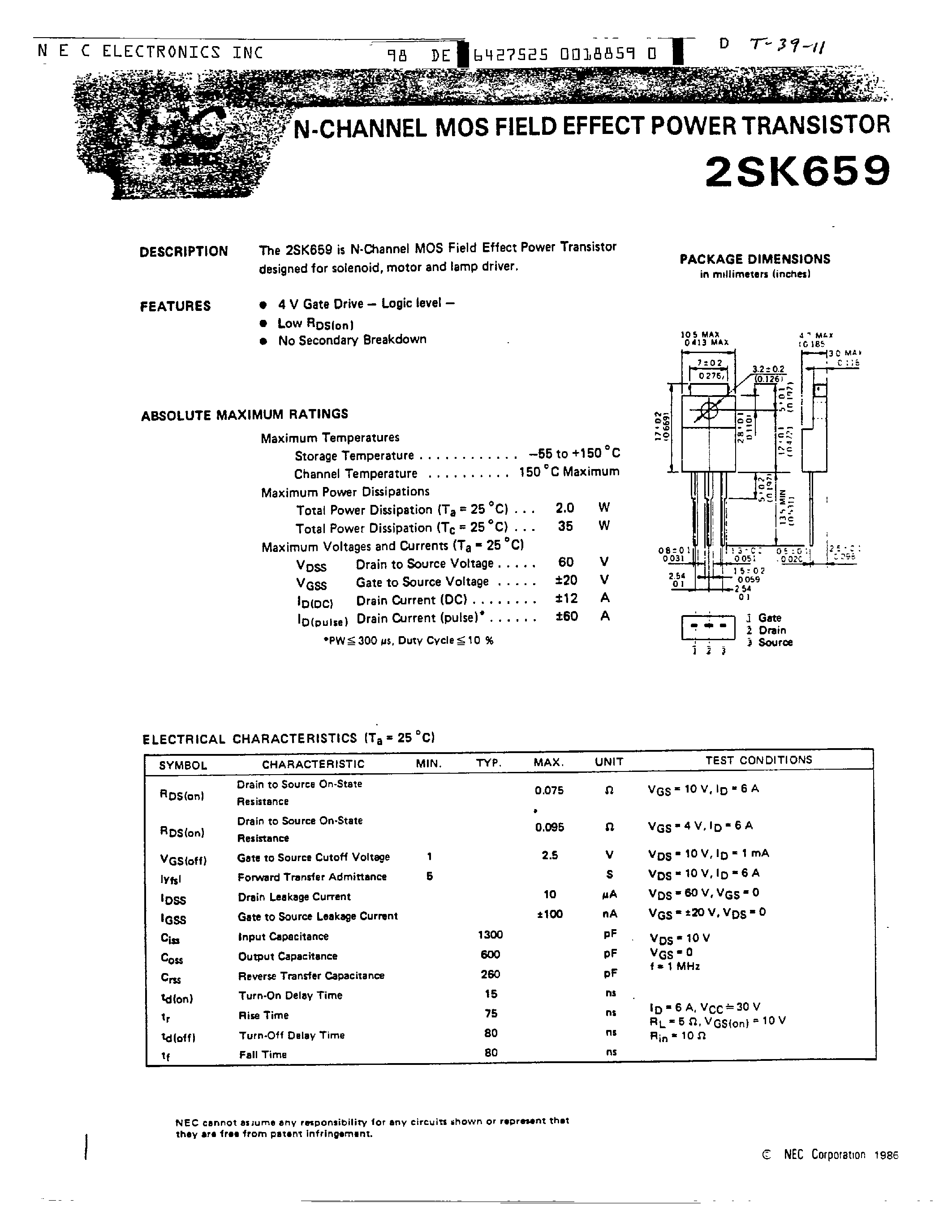 Datasheet 2SK659 - N CHANNEL MOS FIELD EFECT POWER TRANSISTOR page 1