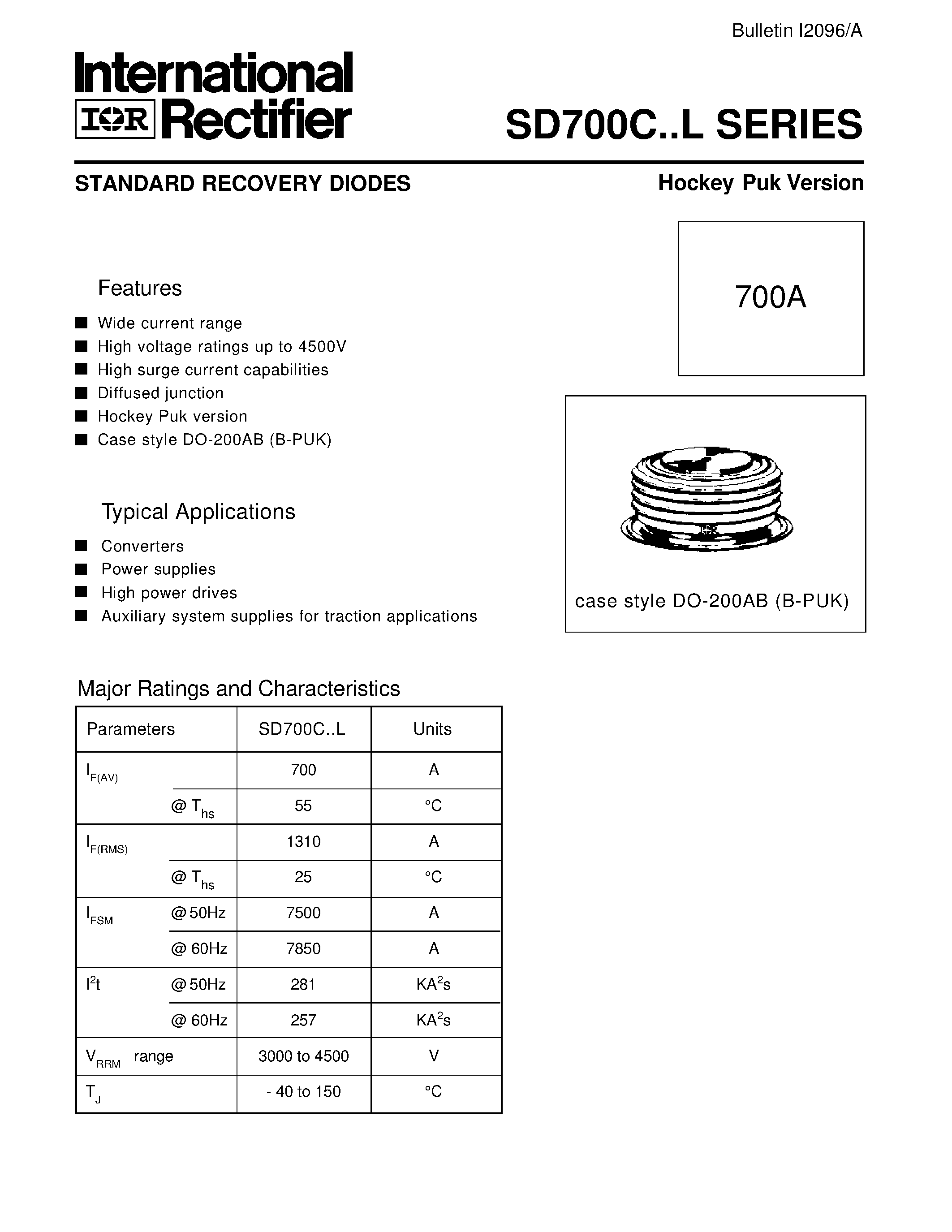 Даташит на микросхему SD700C страница 1 Даташит SD700C - STANDARD RECOVERY DIODES Hockey Puk Version страница 1