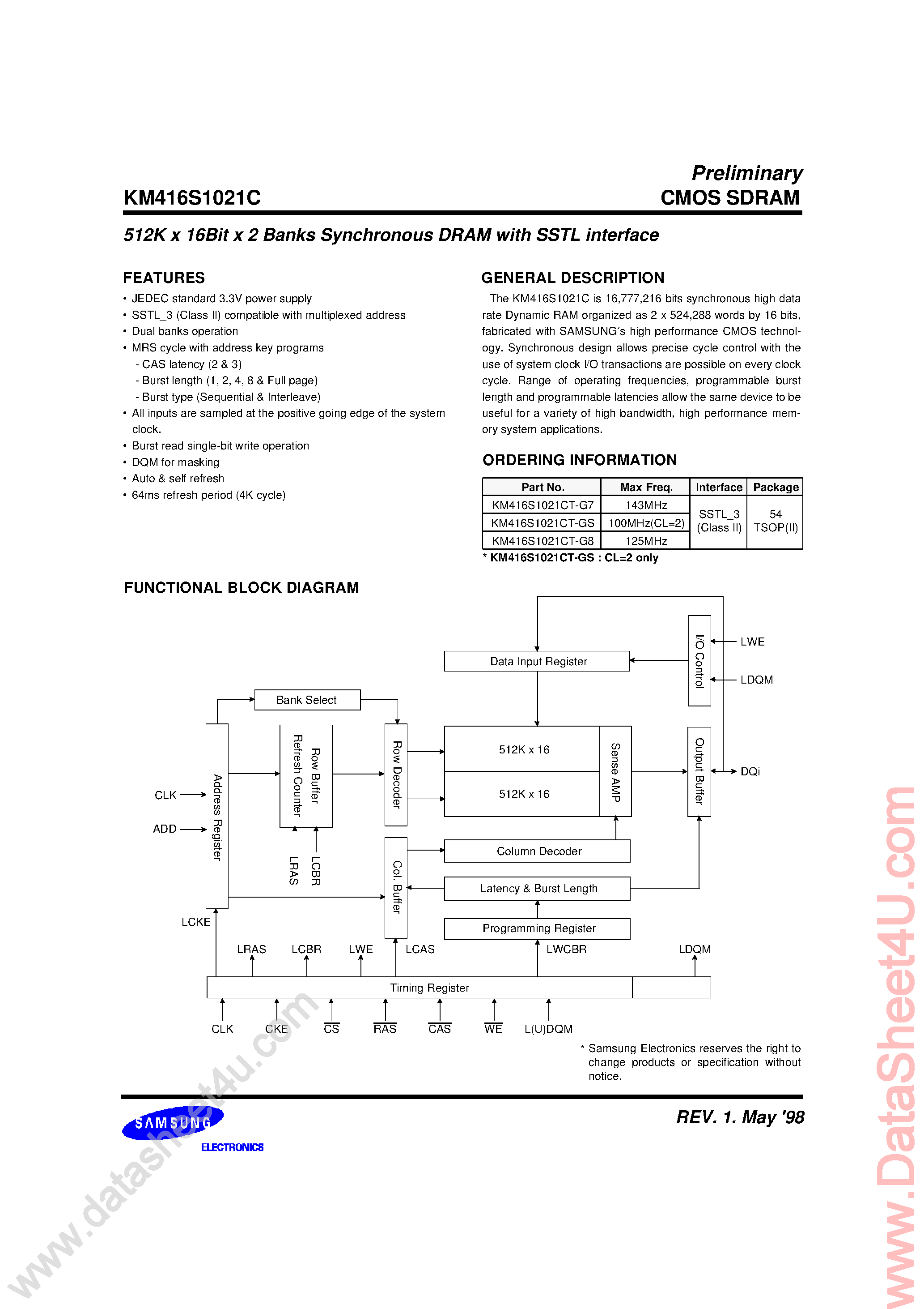 Datasheet KM416S1021C - 512K x 16-Bit x 2-Bank SDRAM page 1