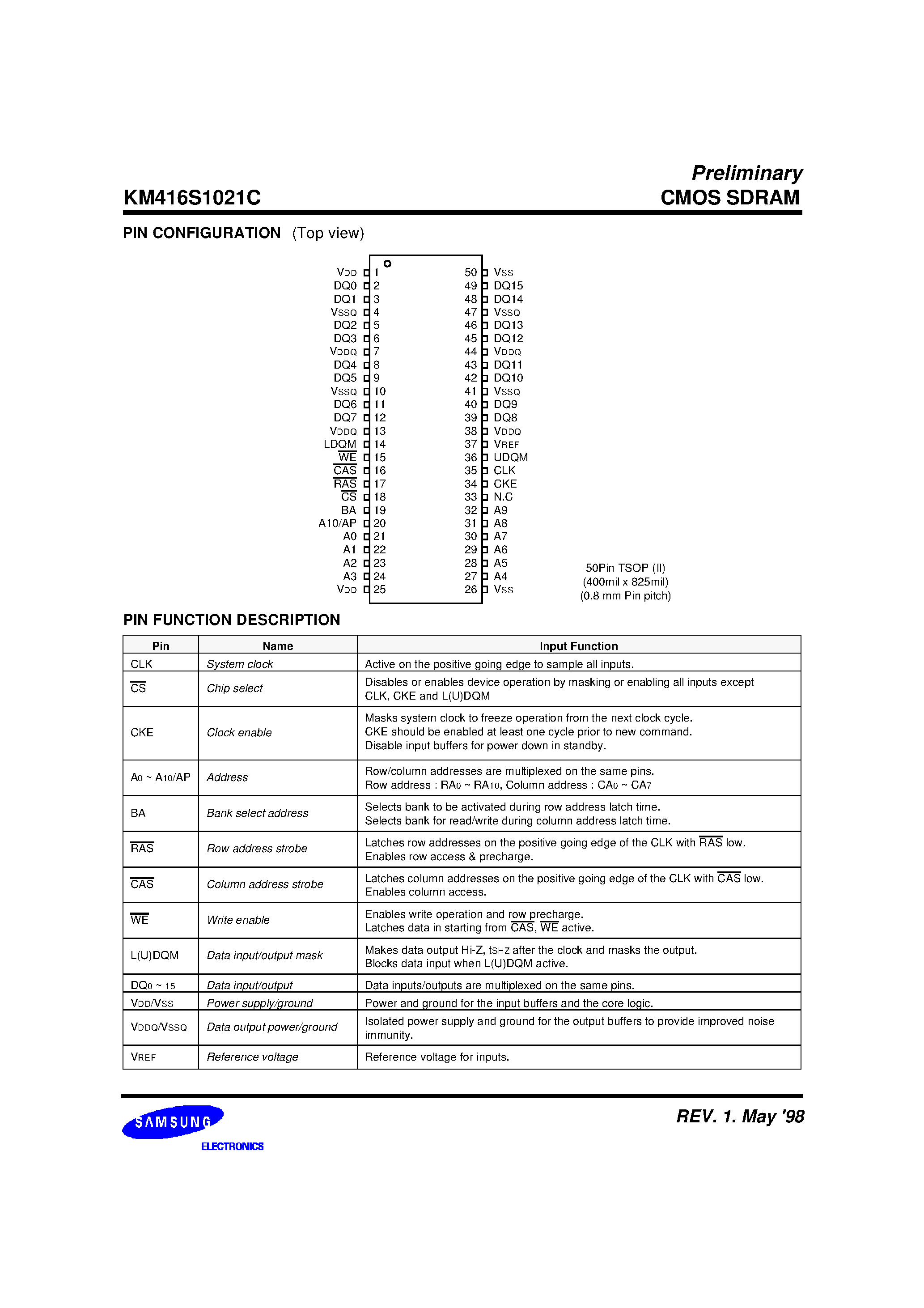Datasheet KM416S1021C - 512K x 16-Bit x 2-Bank SDRAM page 2