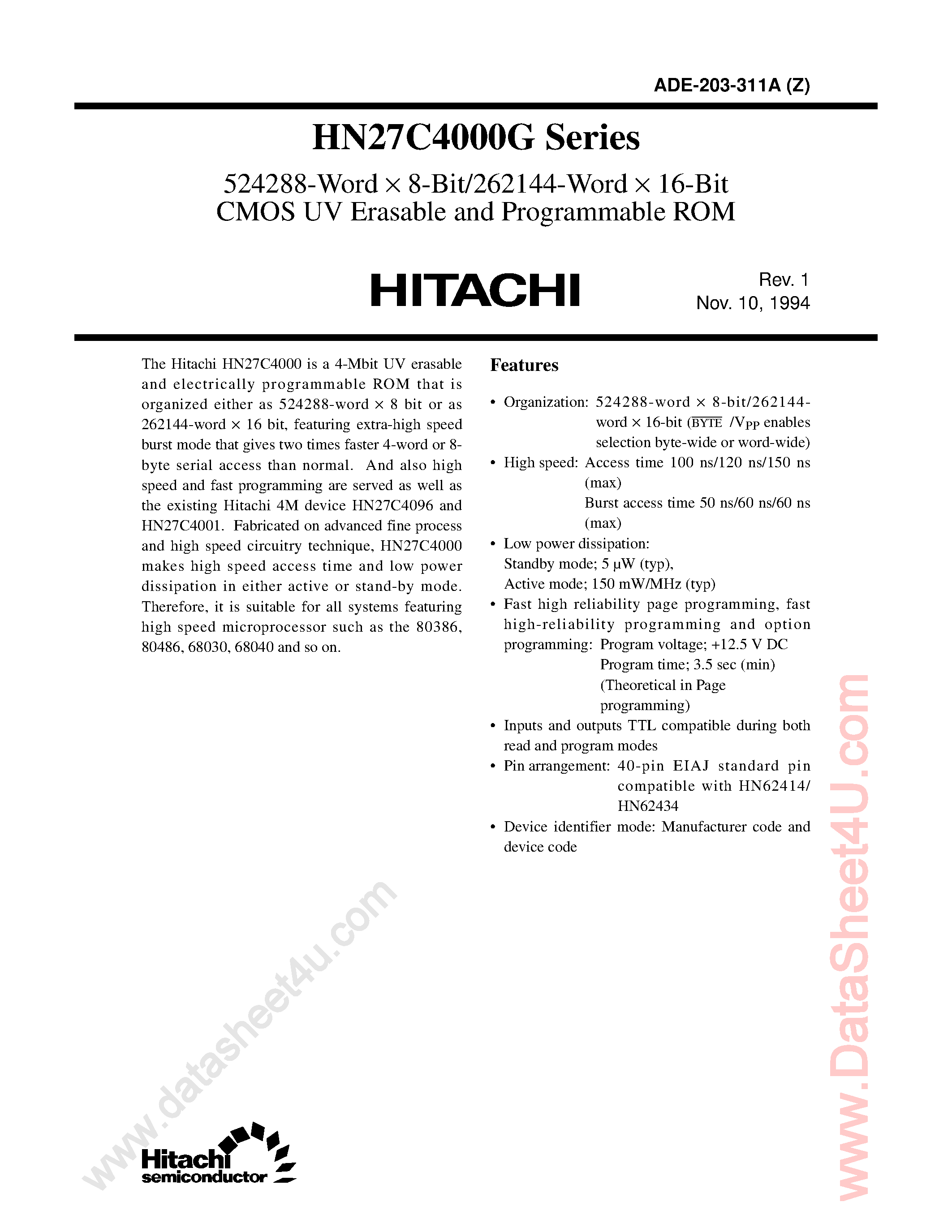 Datasheet HN27C4000G - 524288-Word x 8-Bit/262144-Word X 16-Bit CMOS UV Erasable and Programmable ROM page 1