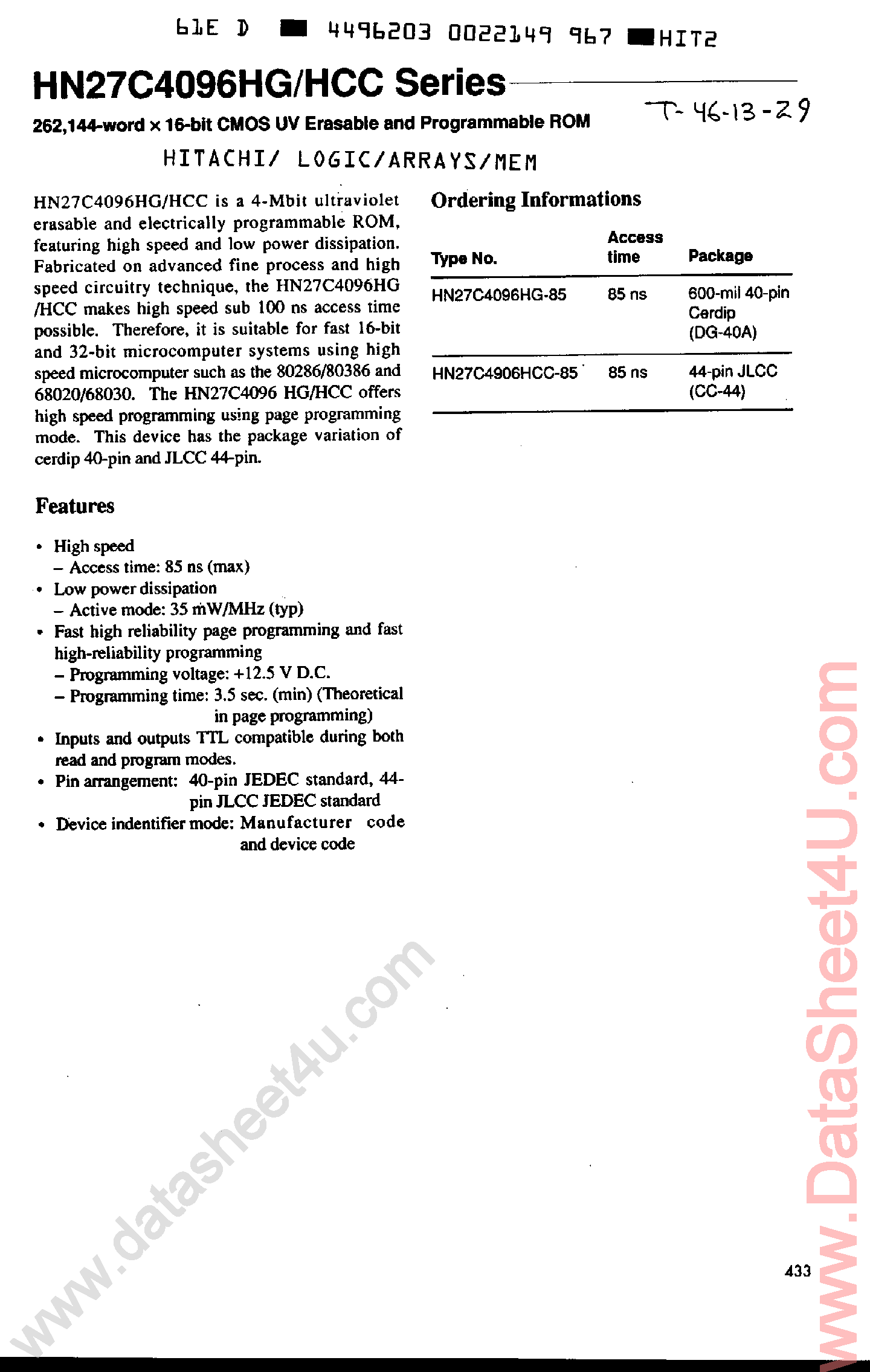 Даташит на микросхему HN27C4096HCC страница 1 Даташит HN27C4096HCC - 262144-word x 16-Bit CMOS UV EPROM страница 1
