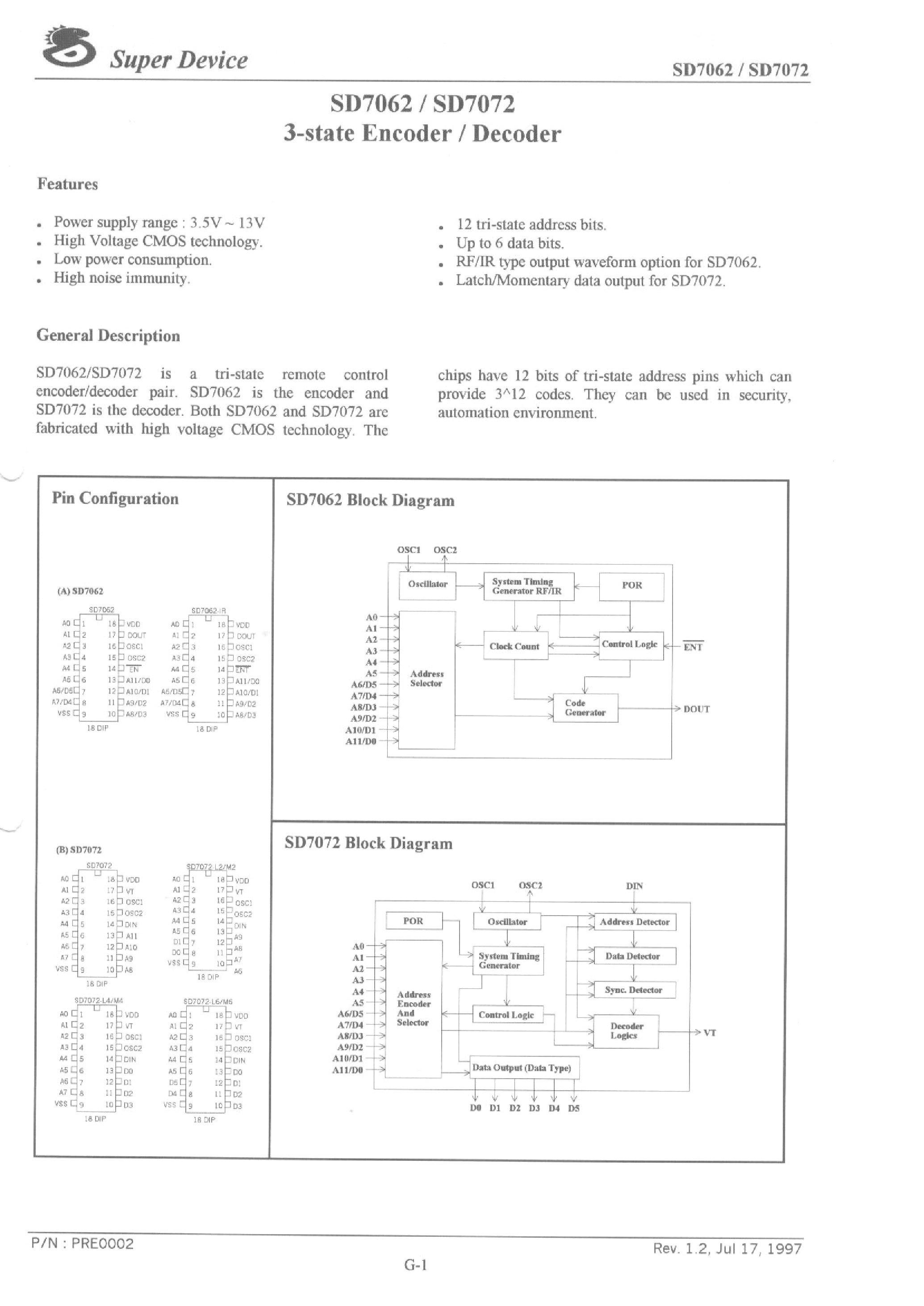 Datasheet SD7062 - (SD7062 / SD7072) 3-STATE ENCODER / DECODER page 1