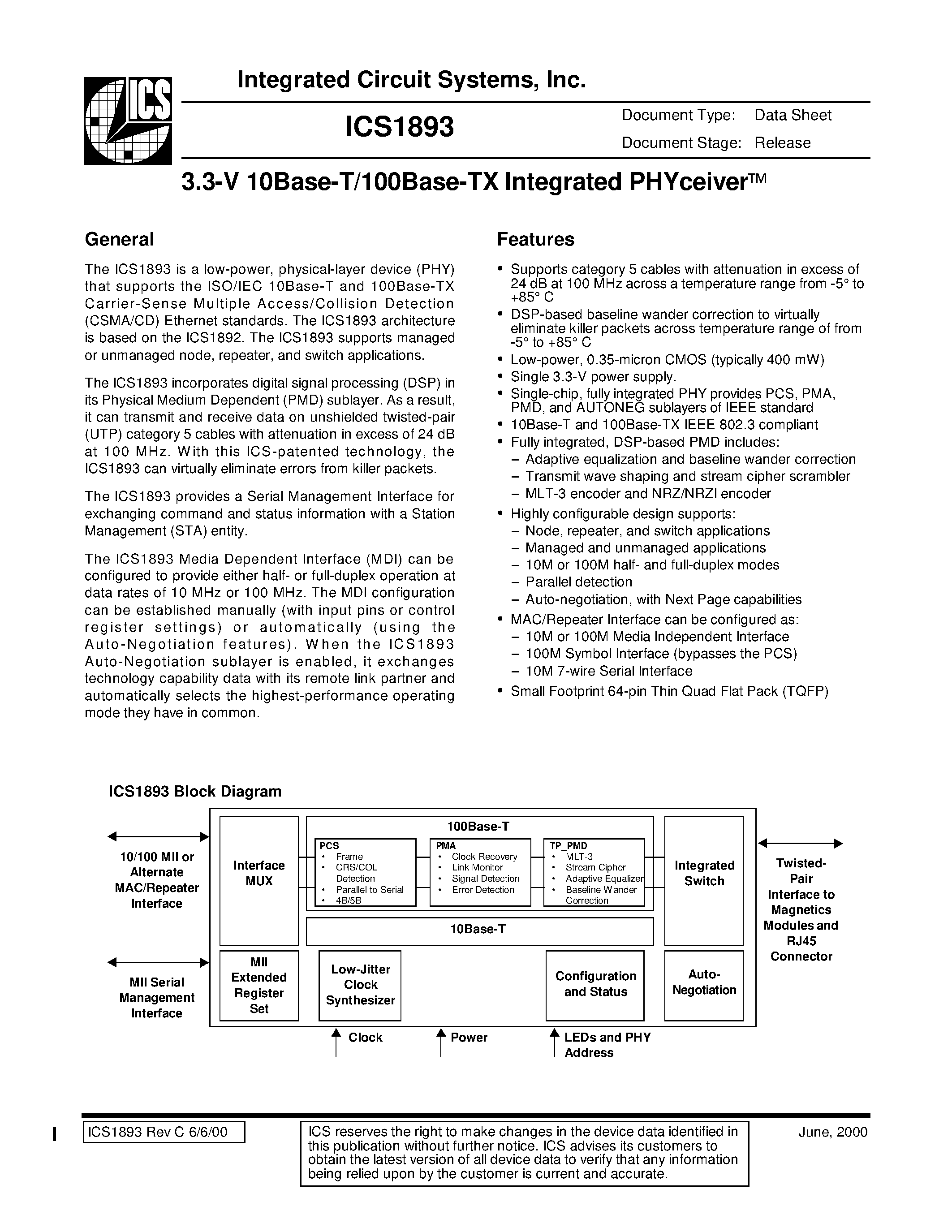 Даташит ICS1893 - 3.3-V 10Base-T/100Base-TX Integrated PHYceiver страница 1