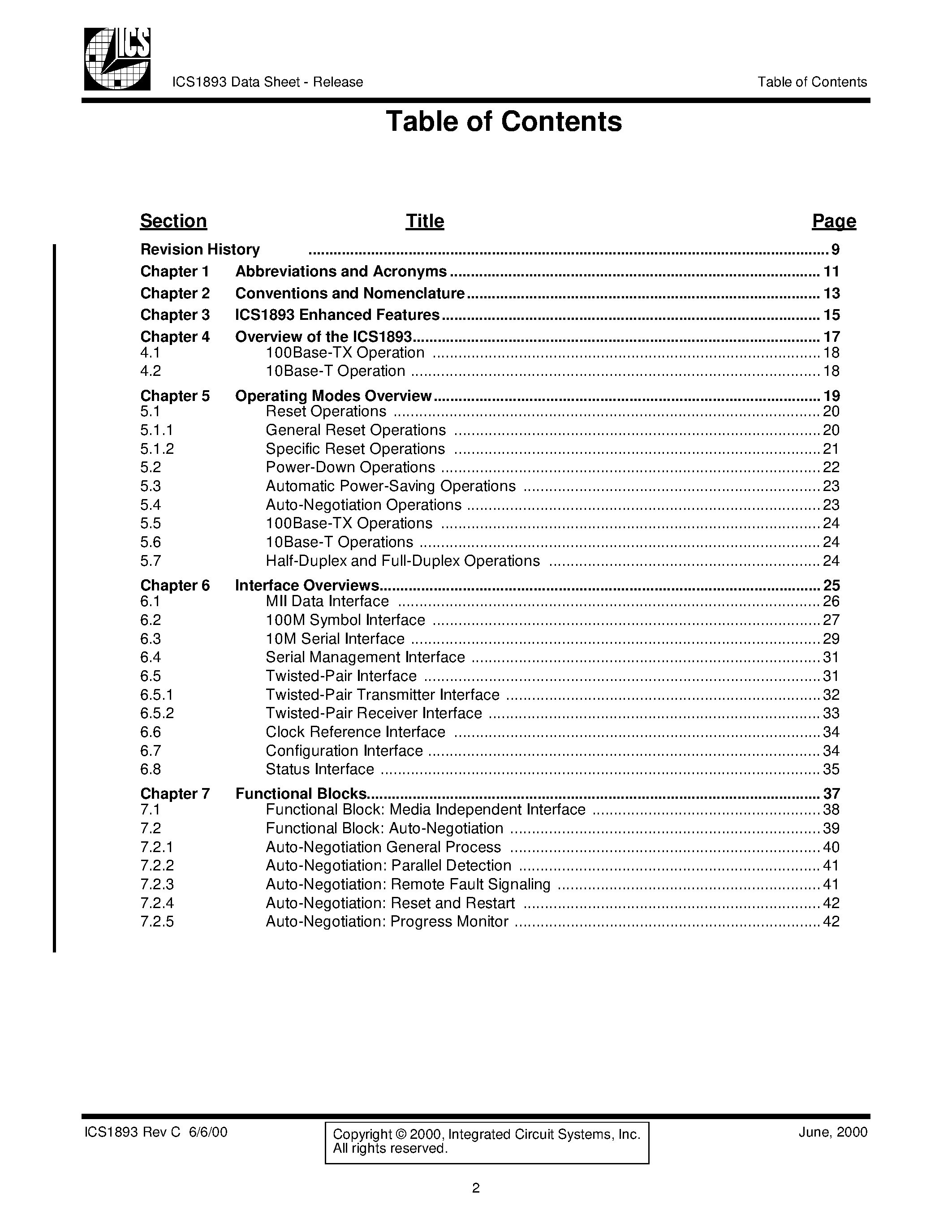 Даташит ICS1893 - 3.3-V 10Base-T/100Base-TX Integrated PHYceiver страница 2