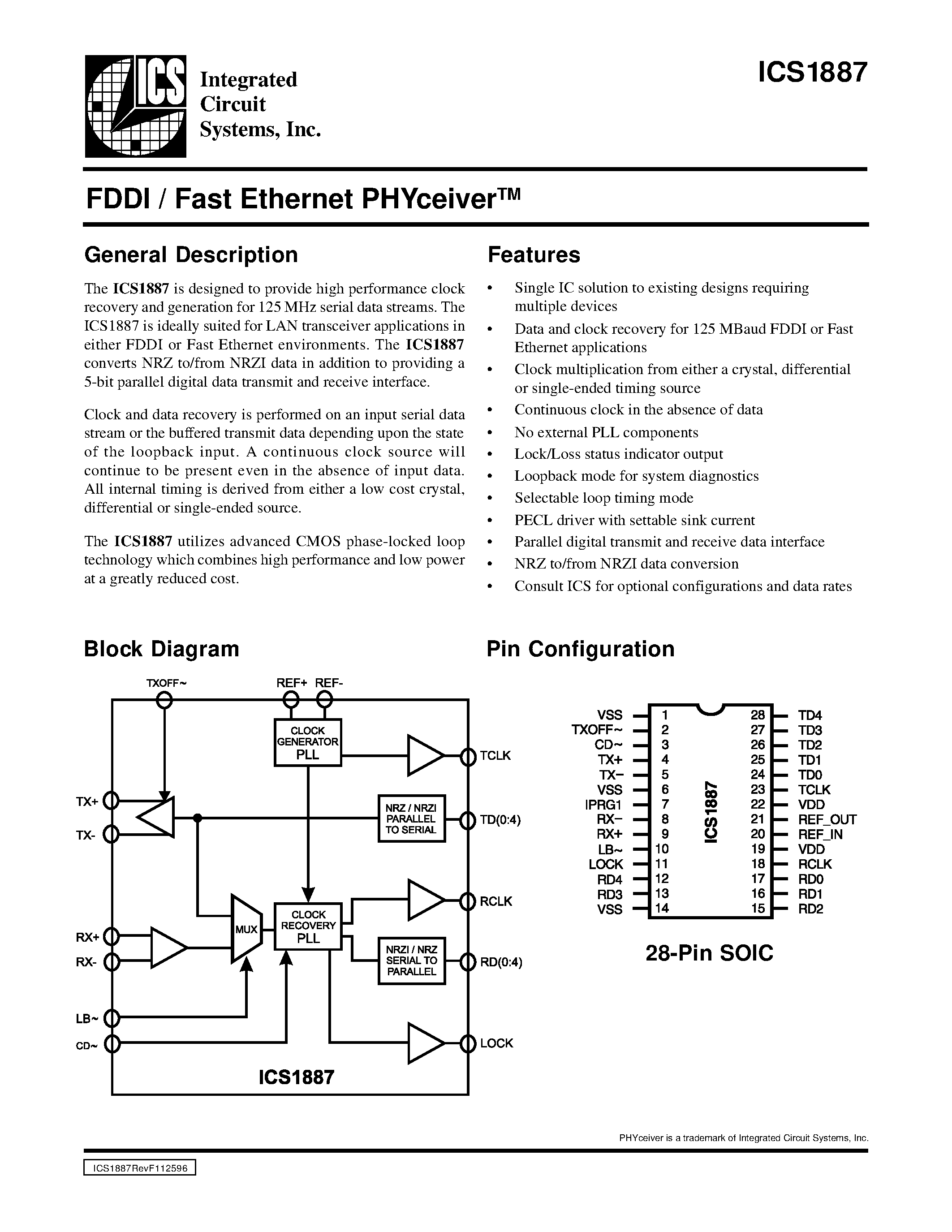 Datasheet ICS1887 page 1 Datasheet ICS1887 - FDDI / Fast Ethernet PHYceiverTM page 1