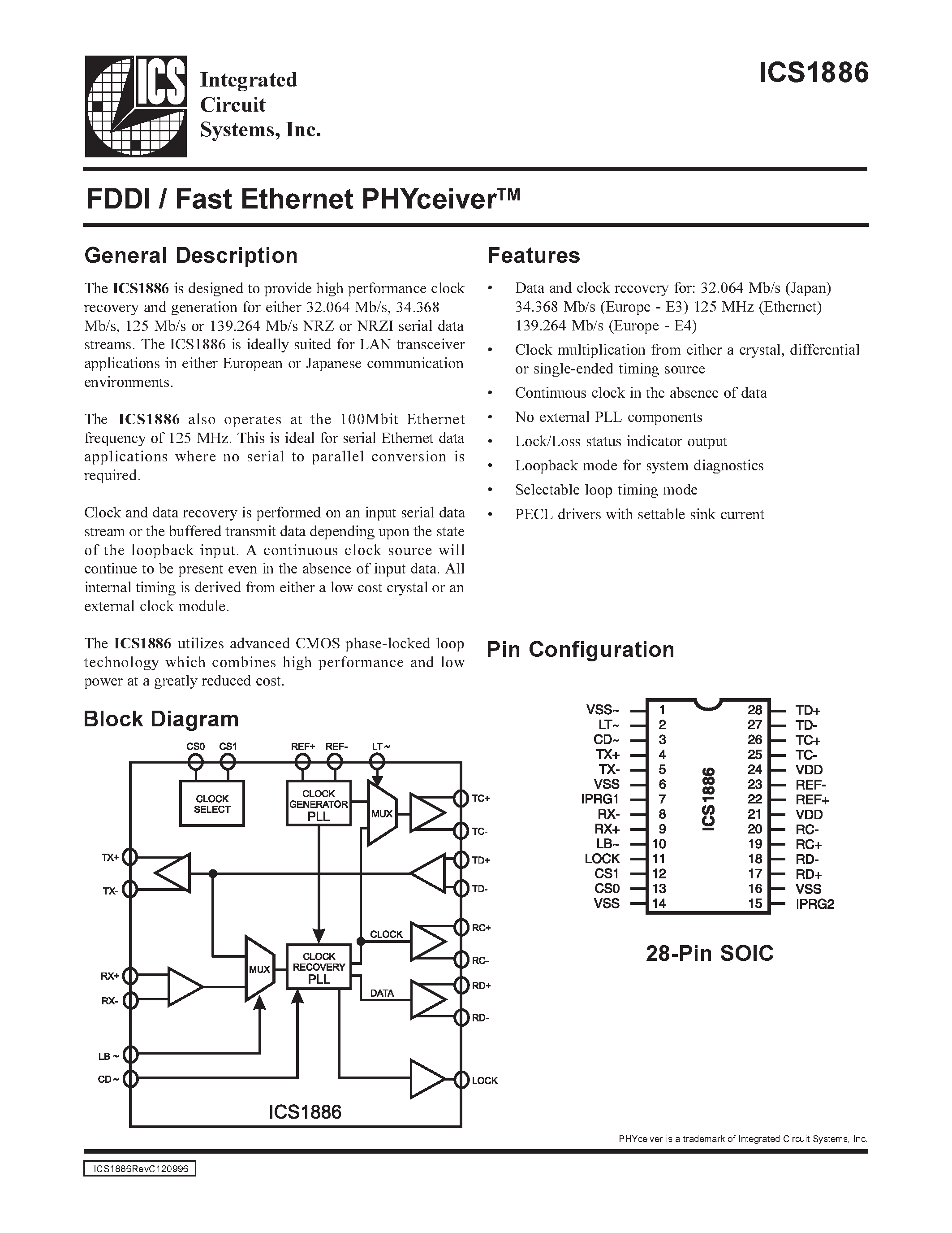 Datasheet ICS1886 page 1 Datasheet ICS1886 - FDDI / Fast Ethernet PHYceiverTM page 1