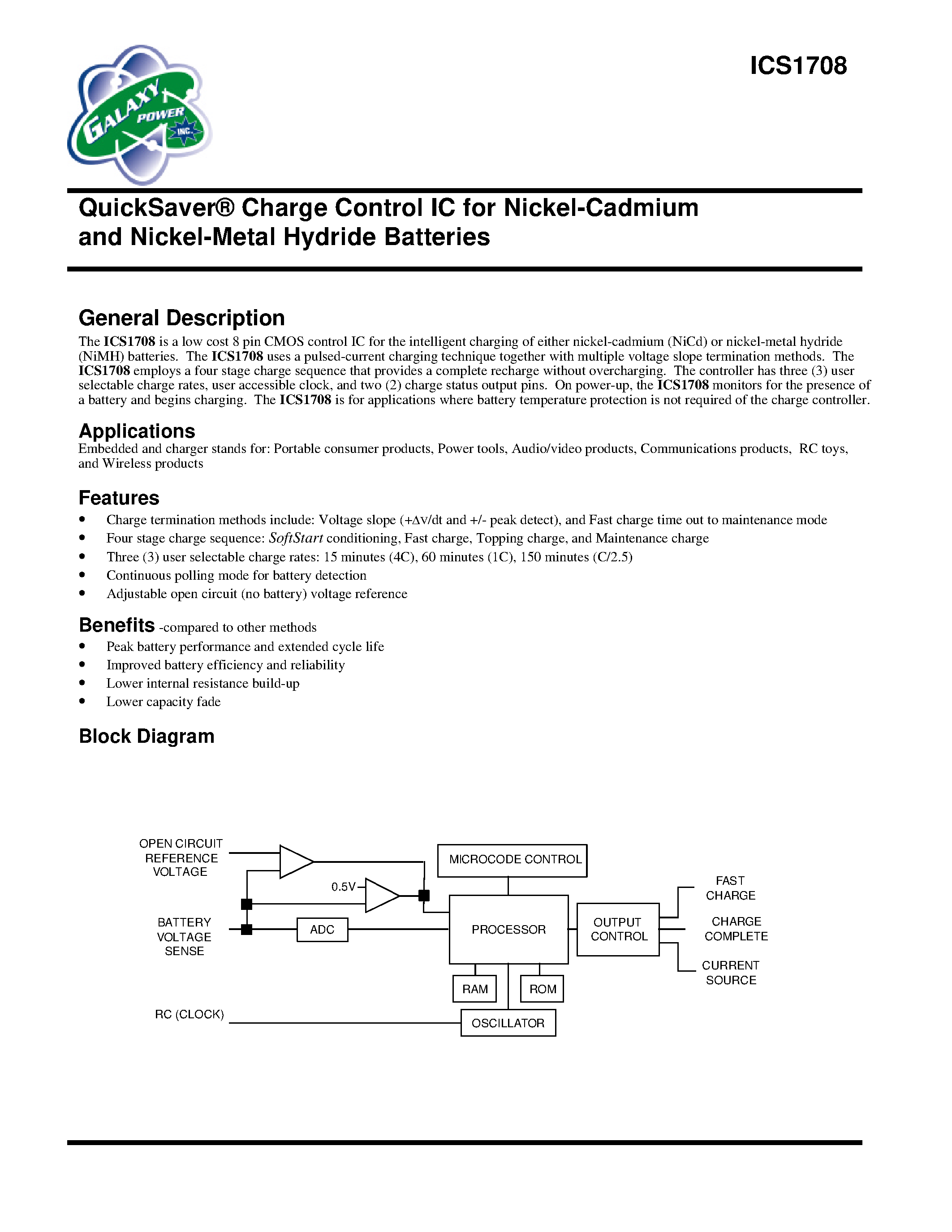 Datasheet ICS1708 - QuickSaver Charge Control IC for Nickel-Cadmium and Nickel-Metal Hydride Batteries page 1