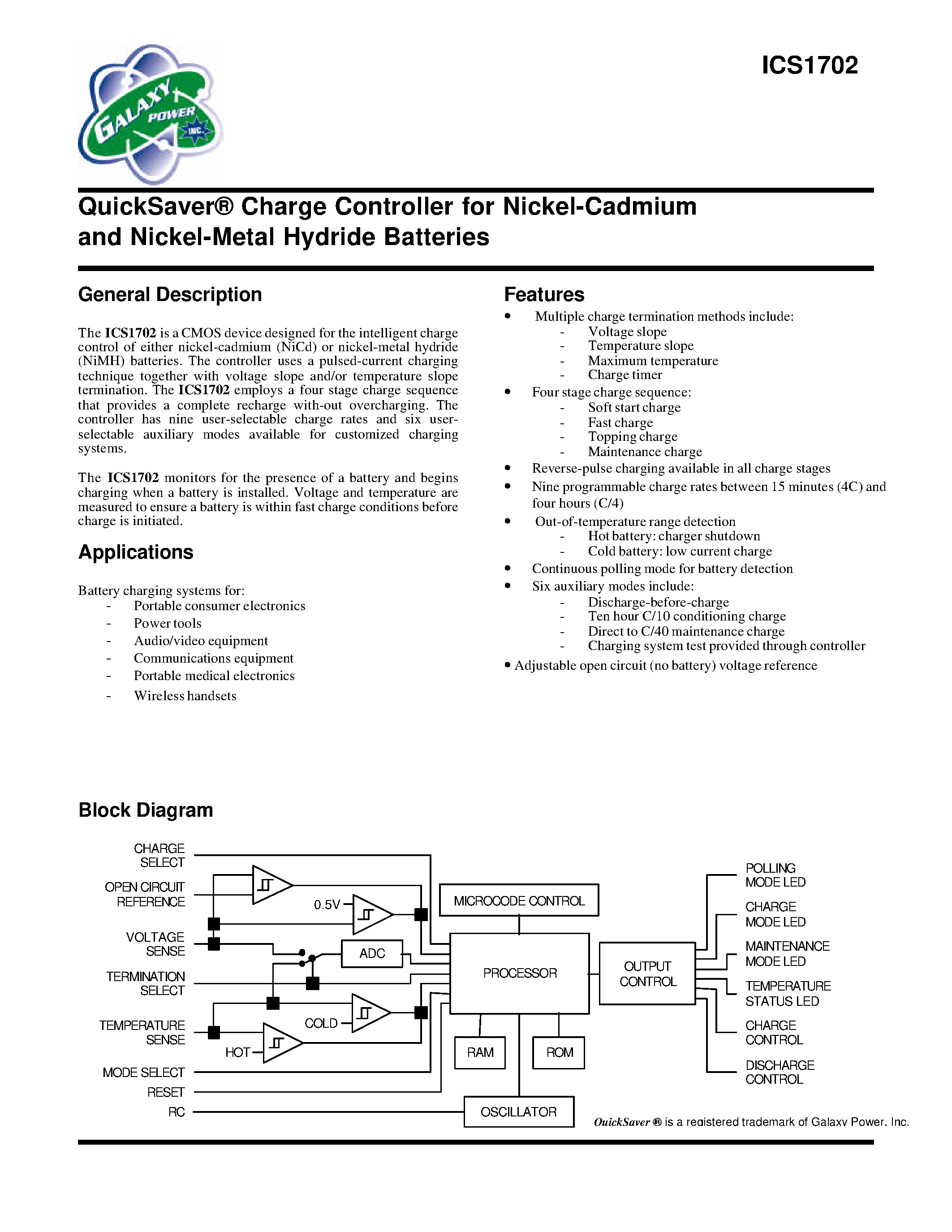 Datasheet ICS1702 - QuickSaver Charge Controller for Nickel-Cadmium and Nickel-Metal Hydride Batteries page 1