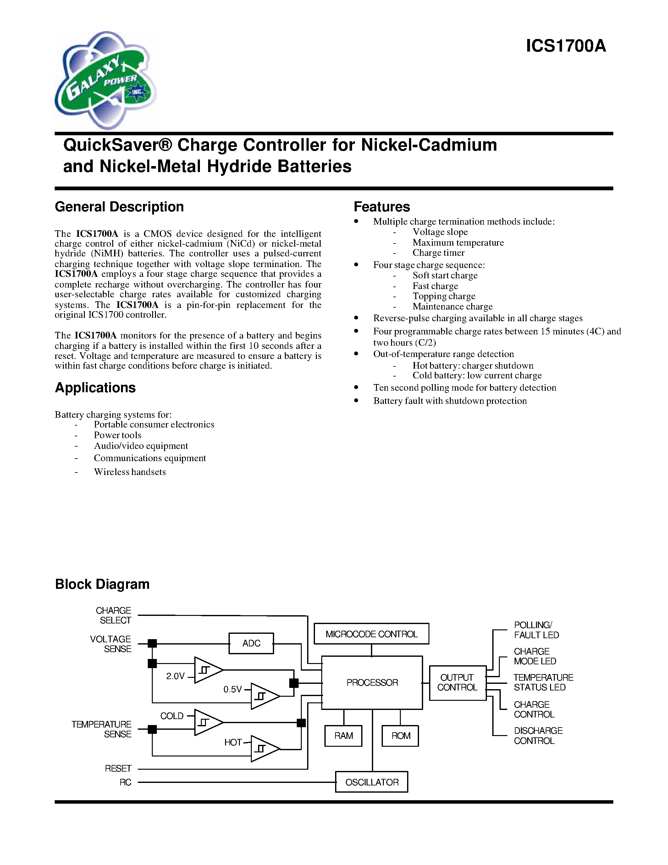 Datasheet ICS1700A - QuickSaver Charge Controller for Nickel-Cadmium and Nickel-Metal Hydride Batteries page 1