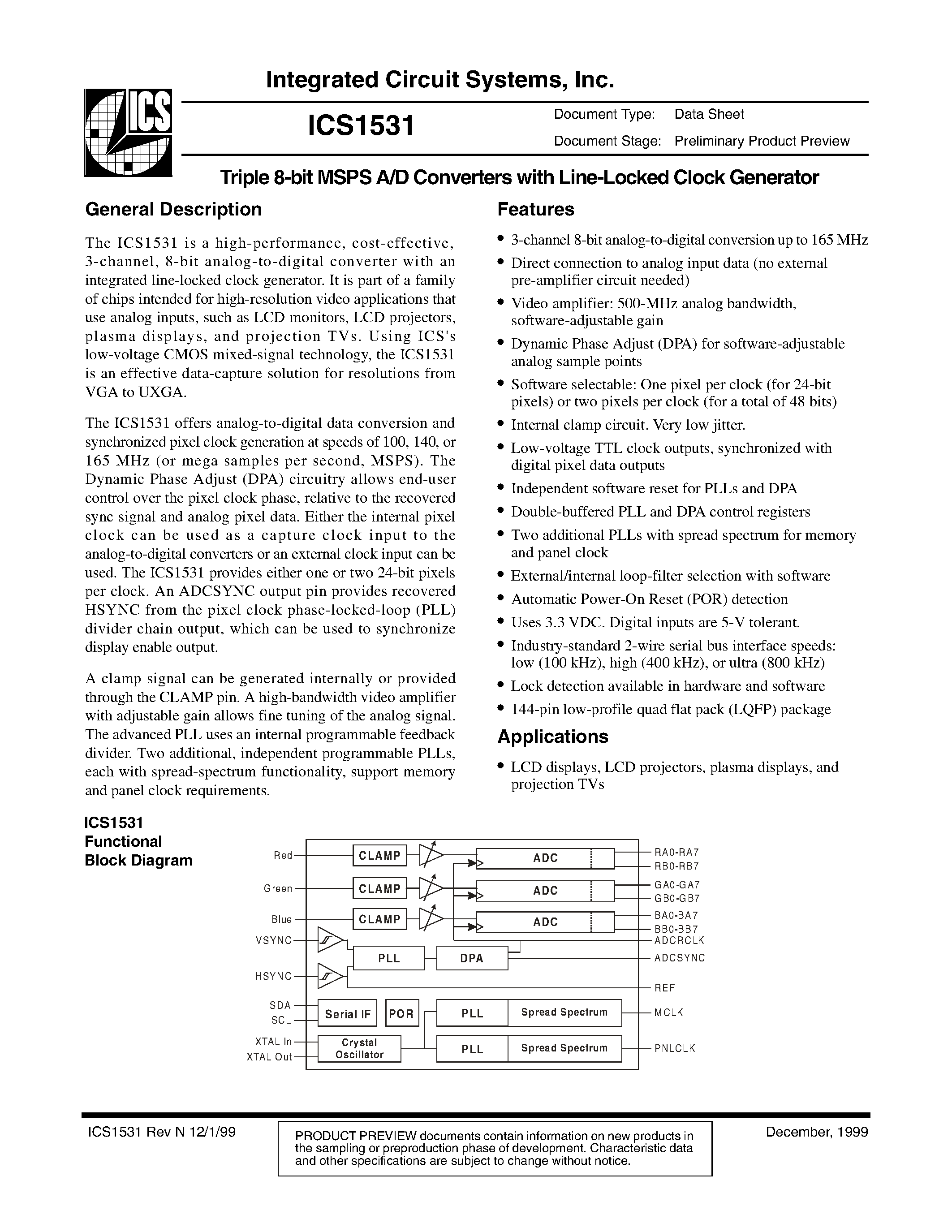 Даташит ICS1531 - Triple 8-bit MSPS A/D Converters with Line-Locked Clock Generator страница 1