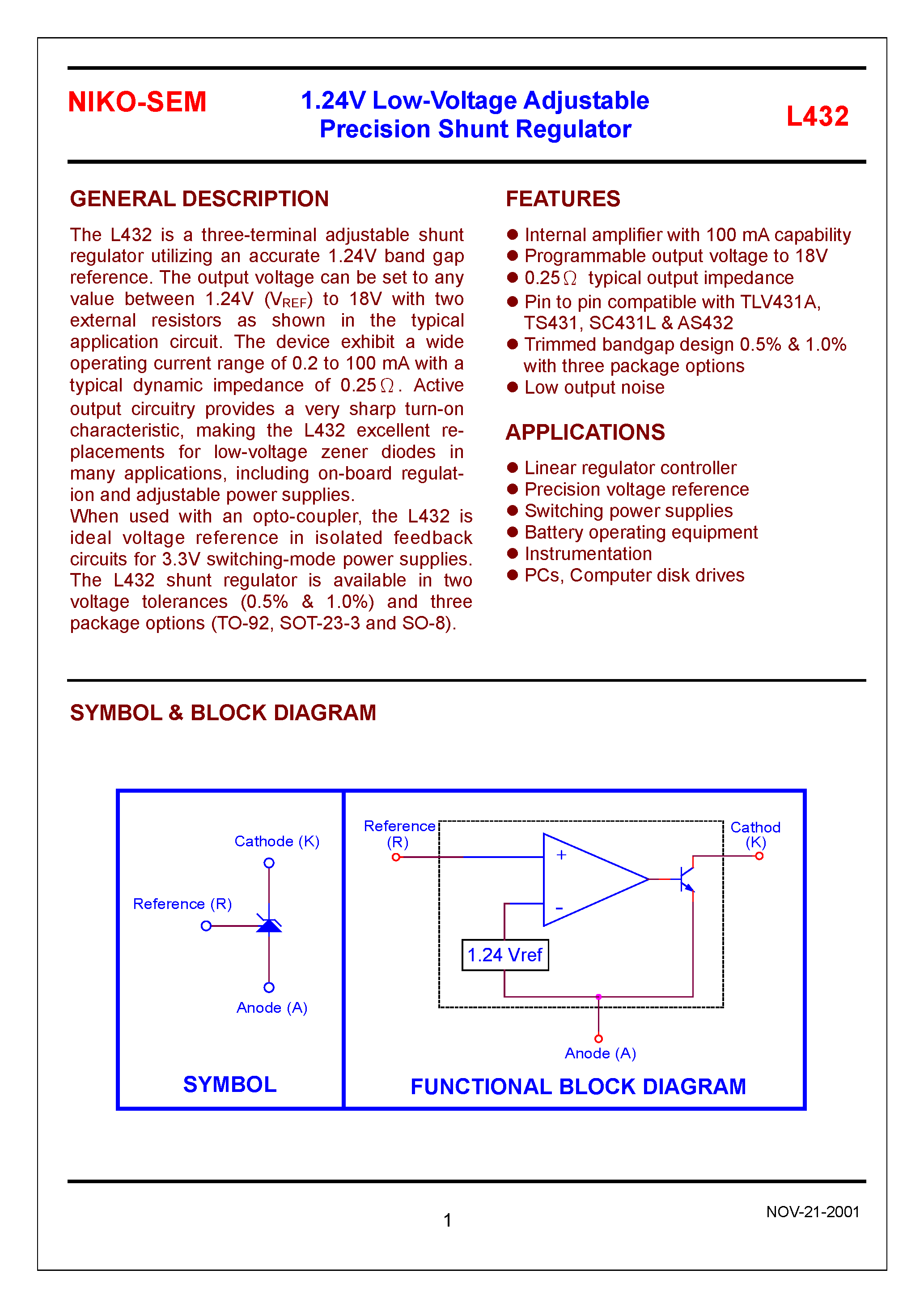 Даташит на микросхему L432 страница 1 Даташит L432 - 1.24V Low-Voltage Adjustable Precision Shunt Regulator страница 1