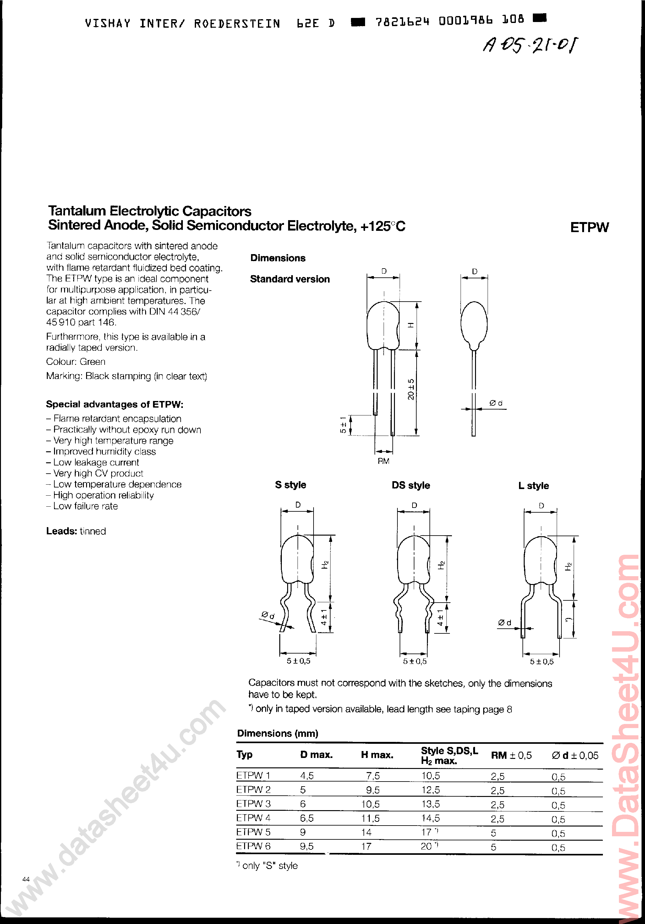 Datasheet P2Mxxxx - Tantalum Electrolytic Capacitors page 1