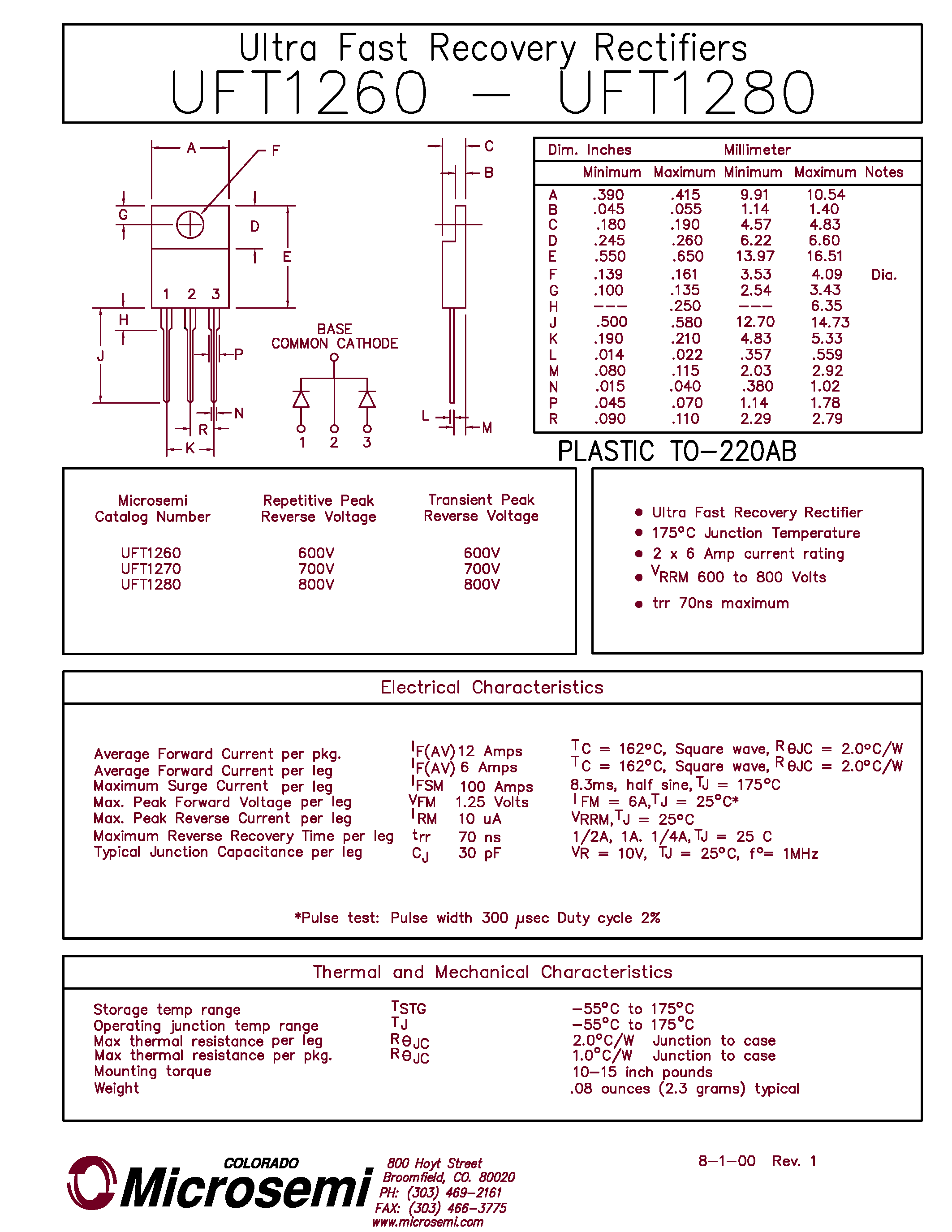Datasheet UFT1260 page 1 Datasheet UFT1260 - (UFT1260 - UFT1280) ULTRA FAST RECOVERY RECTIFIERS page 1