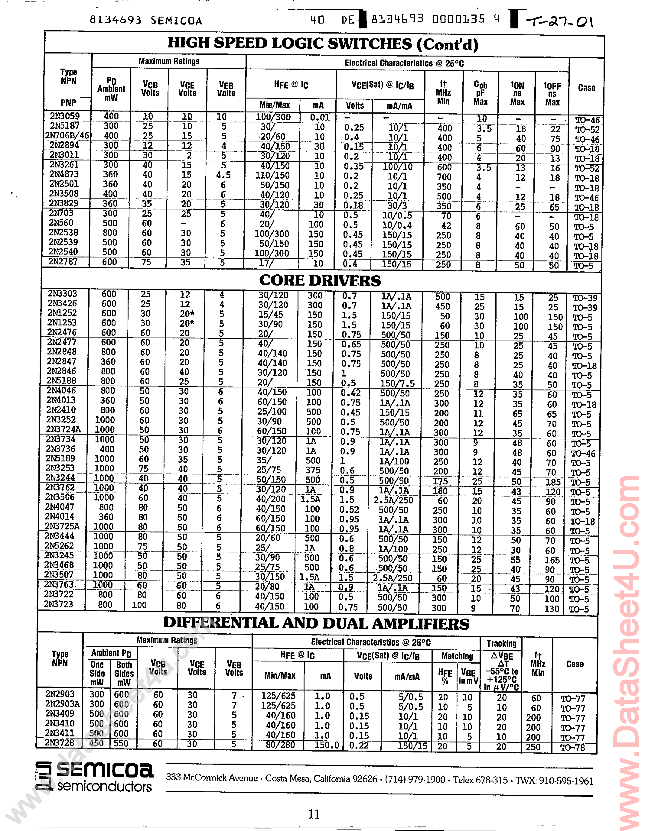 Datasheet 2N3011 page 1 Datasheet 2N3011 - (2N3xxx) High Speed Logic Switches page 1