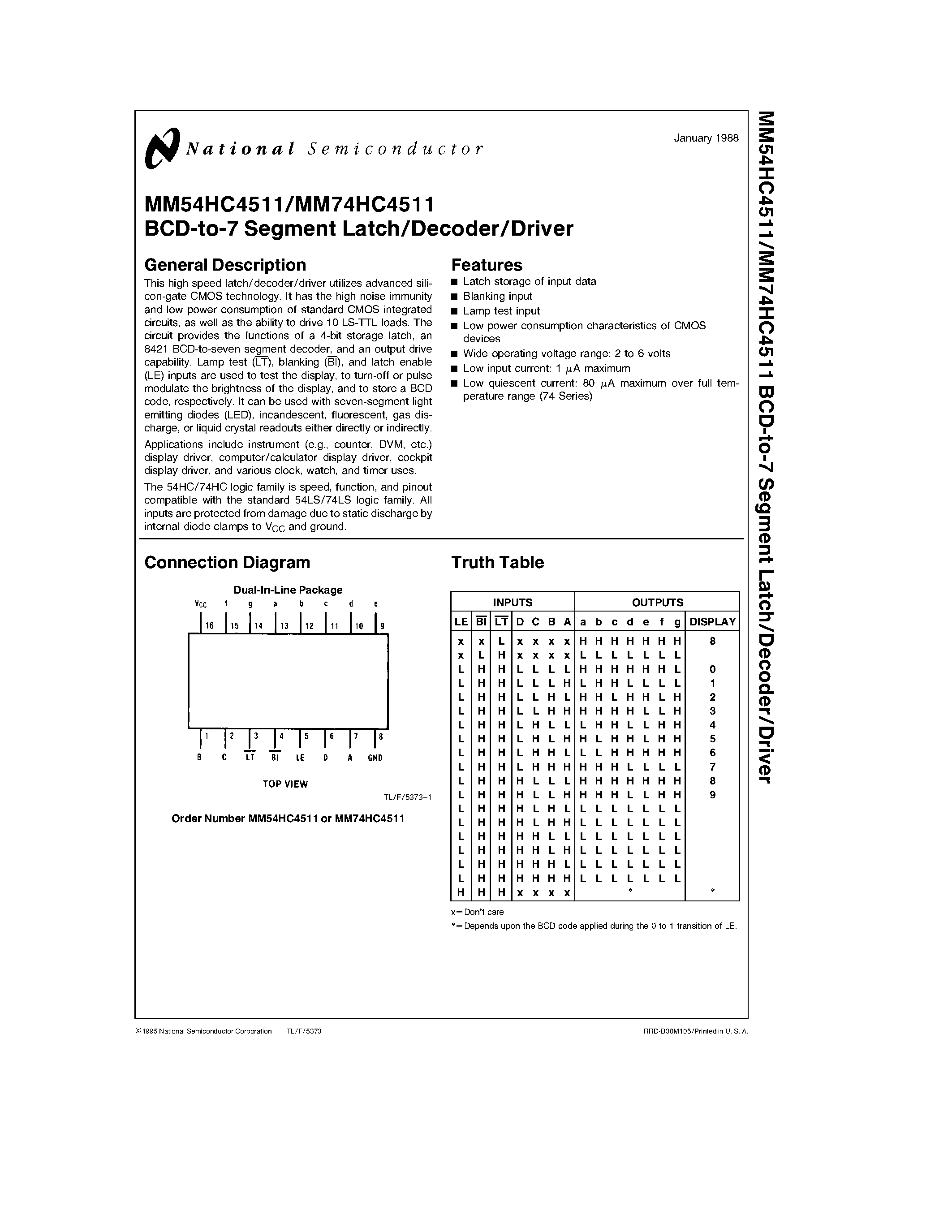 Даташит MM54HC4511 - BCD-to-7 Segment Latch/Decoder/Driver страница 1