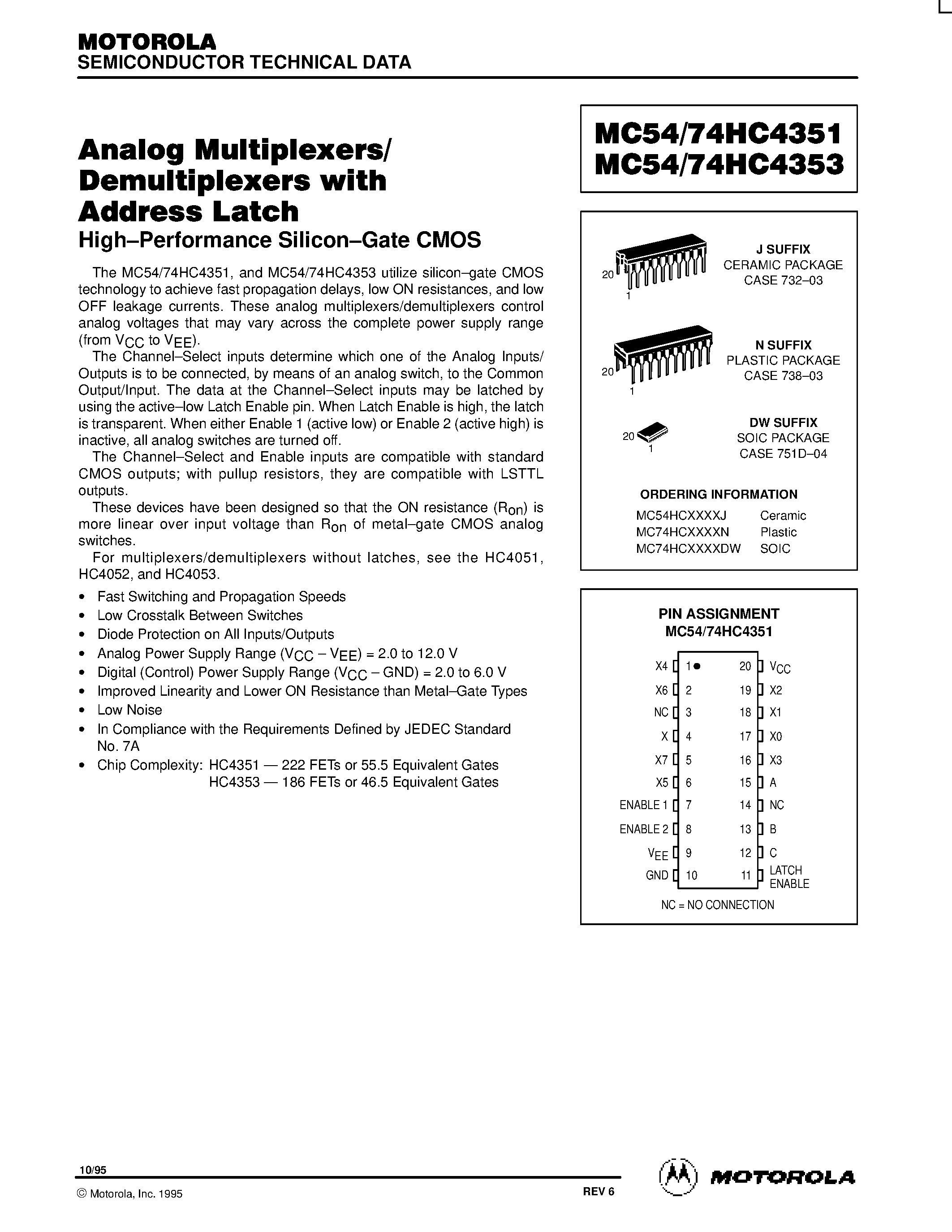 Даташит MC54HC4351 - (MC54HC4351 / MC54HC4353) Analog Multiplexers/Demultiplexers with Address Latch страница 1