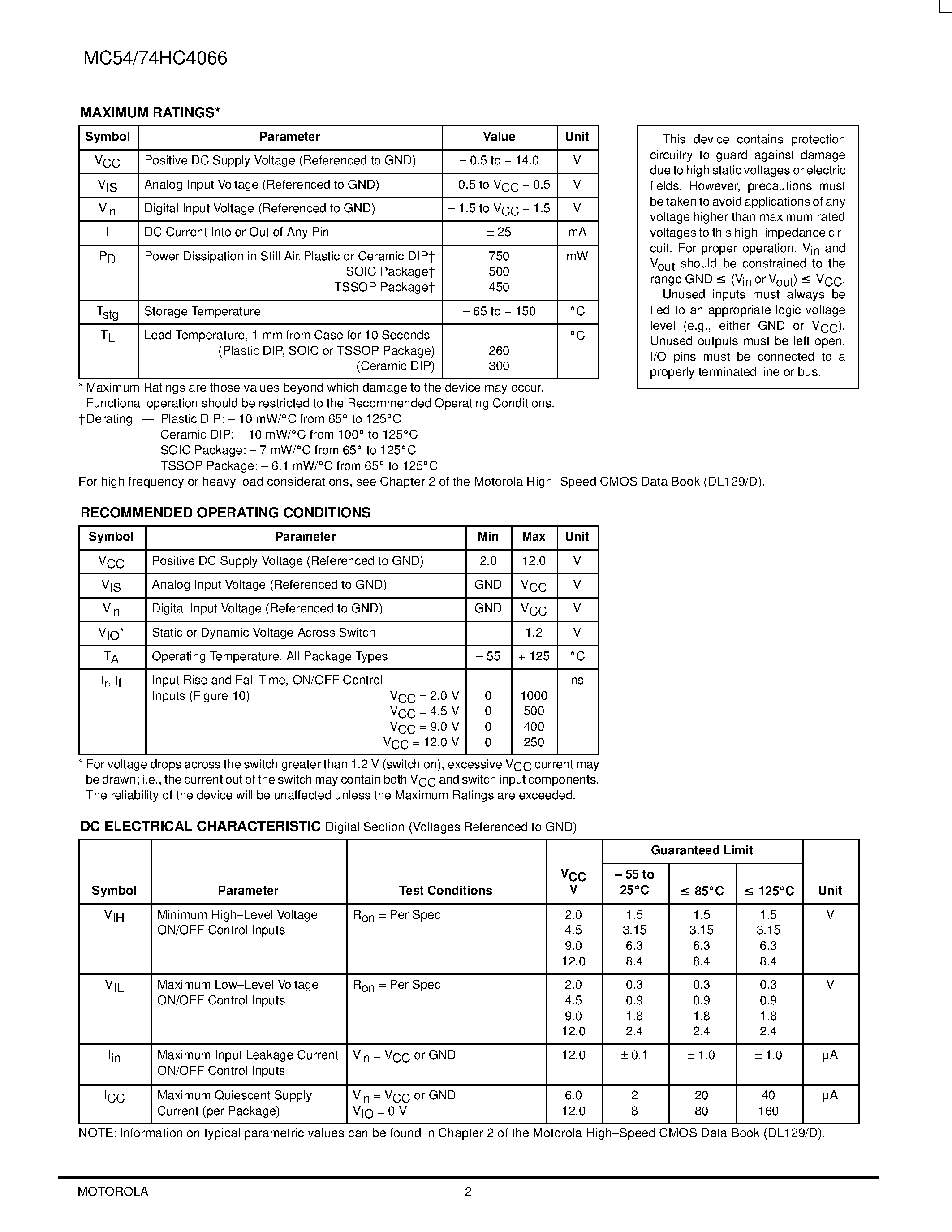 Даташит на микросхему MC54HC4066 страница 2 Даташит MC54HC4066 - Quad Analog Switch/Multiplexer/Demultiplexer страница 2