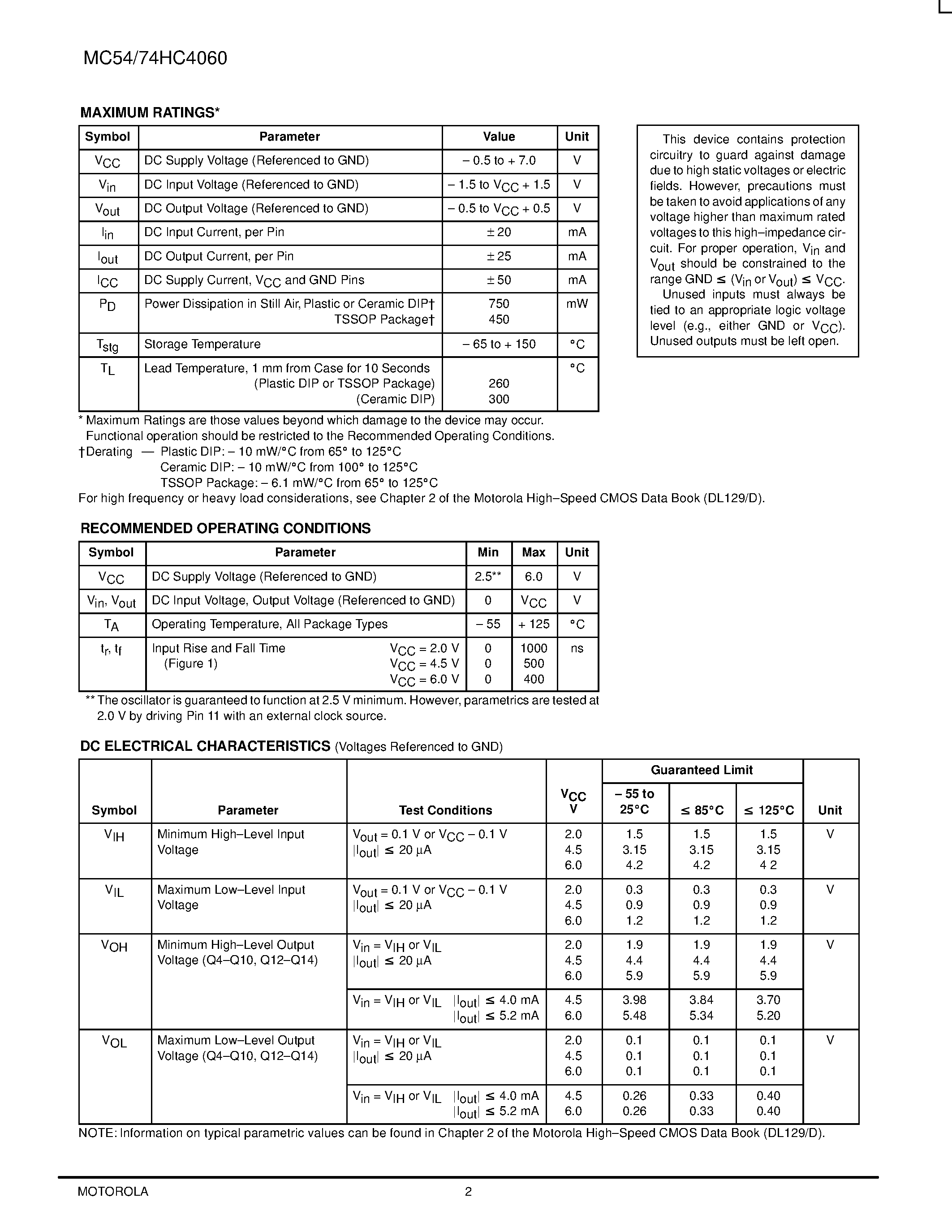 Datasheet MC54HC4060 - 14-Stage Binary Ripple Counter with Oscillator page 2