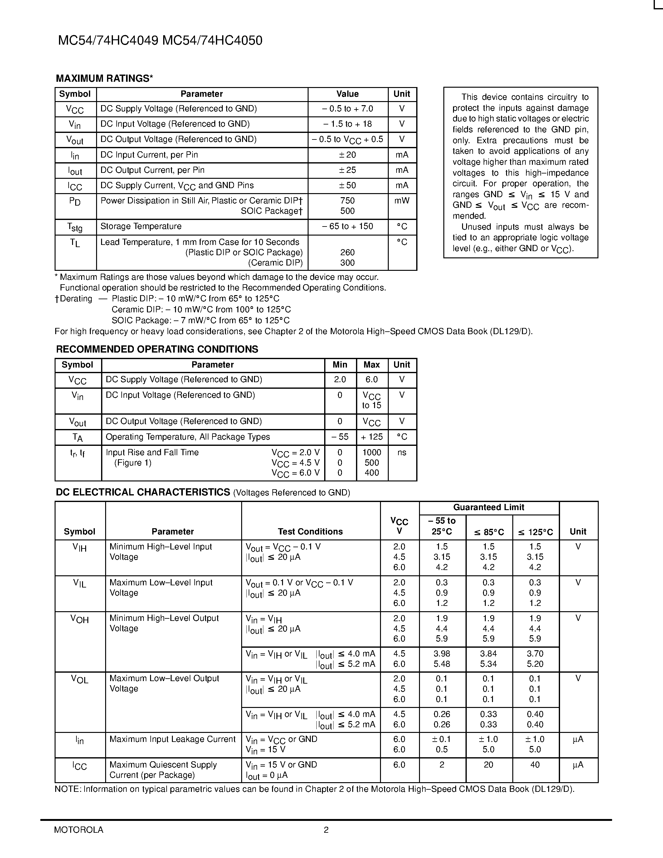 Datasheet MC54HC4049 - (MC54HC4049 / MC54HC4050) Hex Buffers/Logic-Level Down Converters page 2